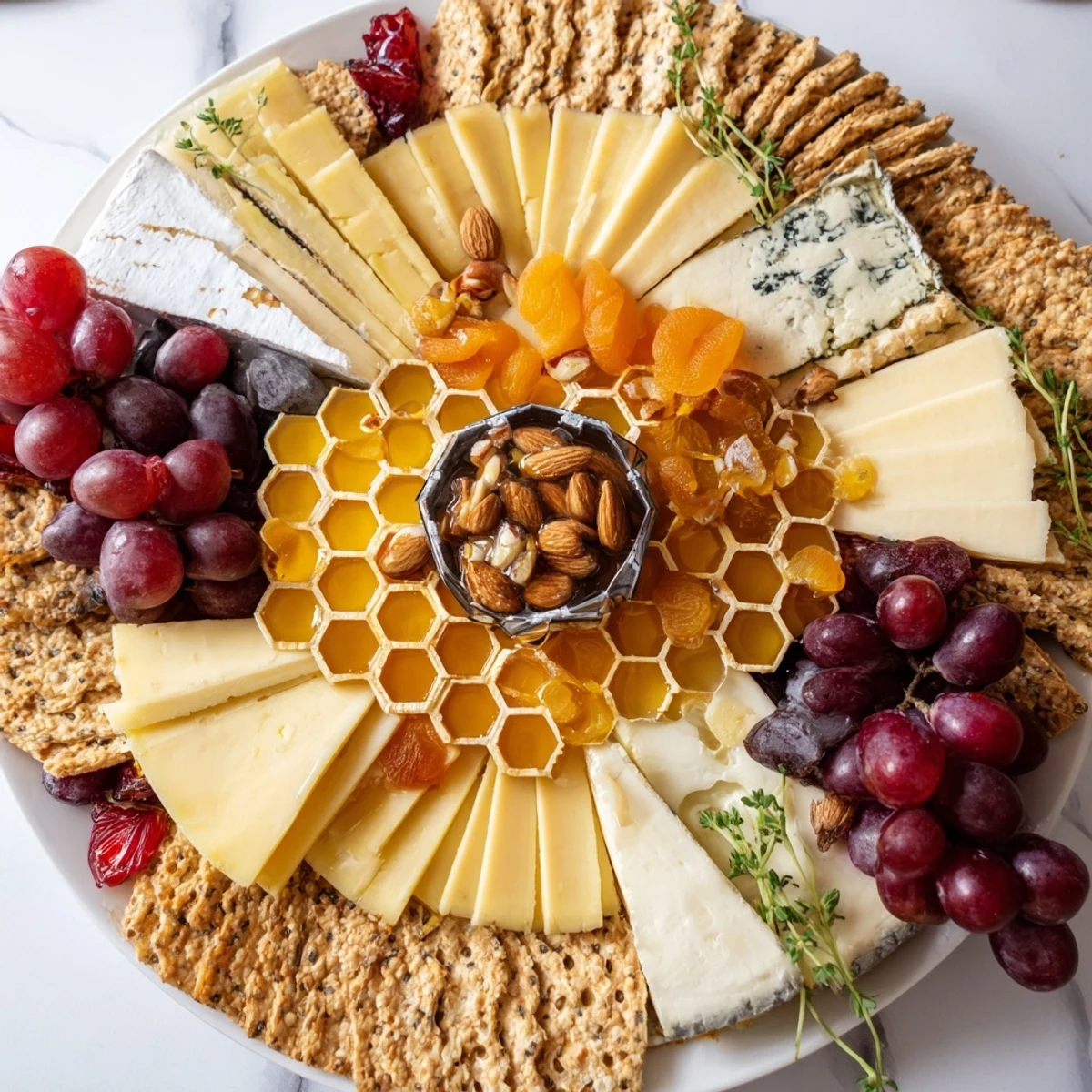 Image of the Gilded Hive appetizer: A hexagon-shaped cheese and cracker board with a beautiful honeycomb.