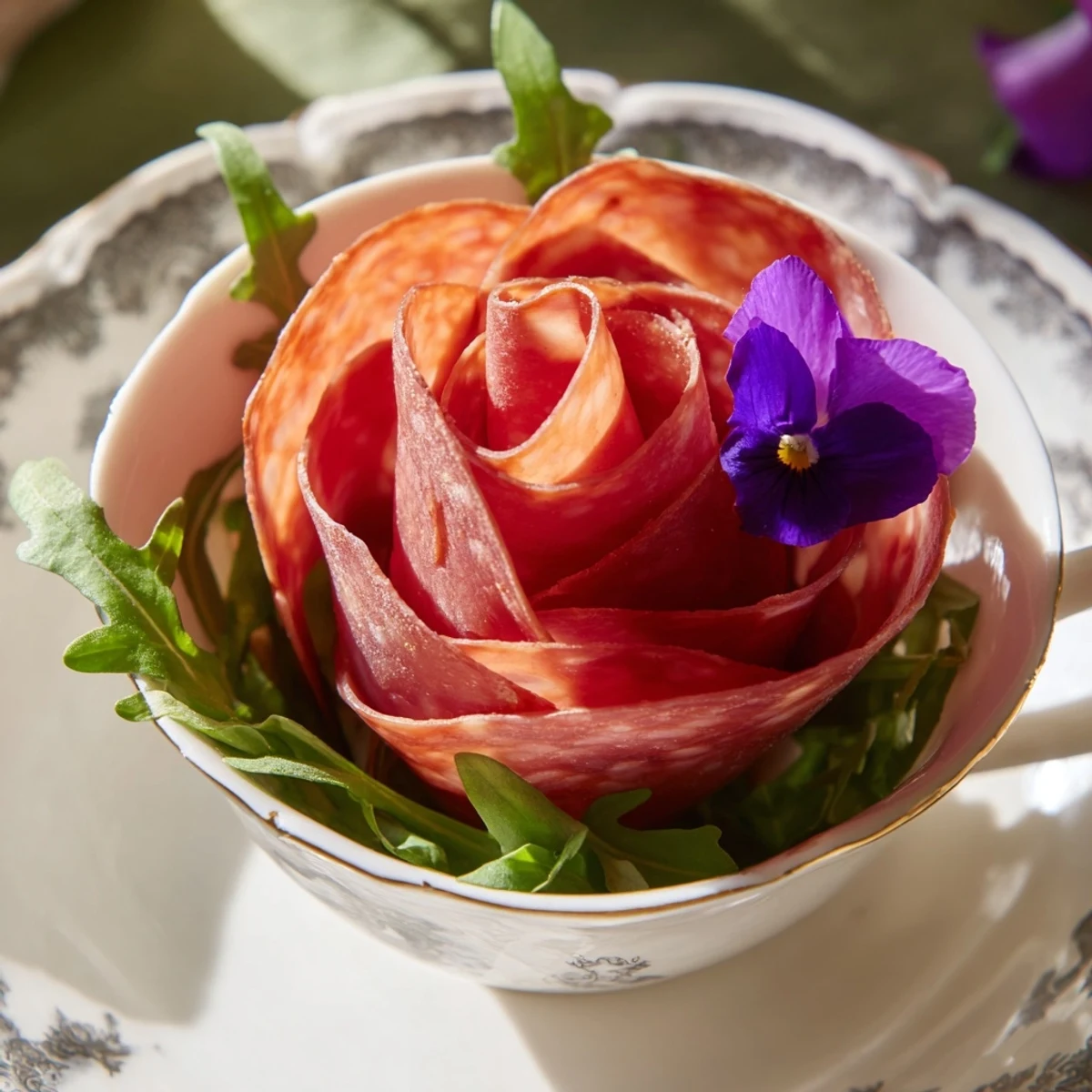 Aesthetic Victorian Tea Rose appetizer, neatly arranged in a porcelain teacup, ready to enjoy with crackers.