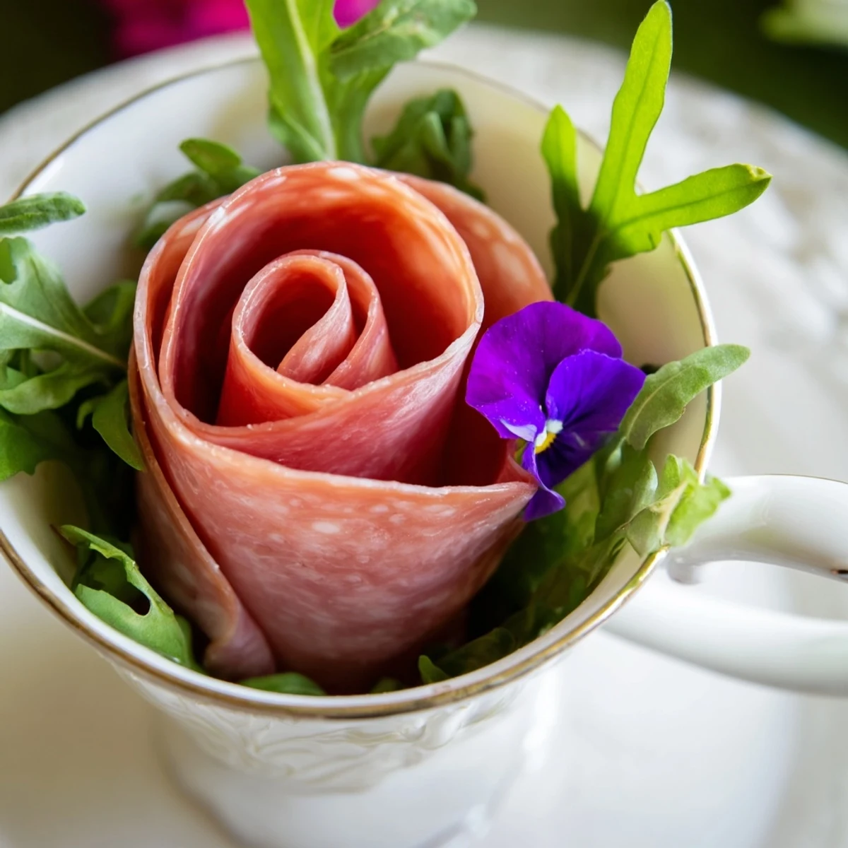 Salty salami and pepperoni Victorian Tea Roses, artfully spiraled and served in elegant teacups.