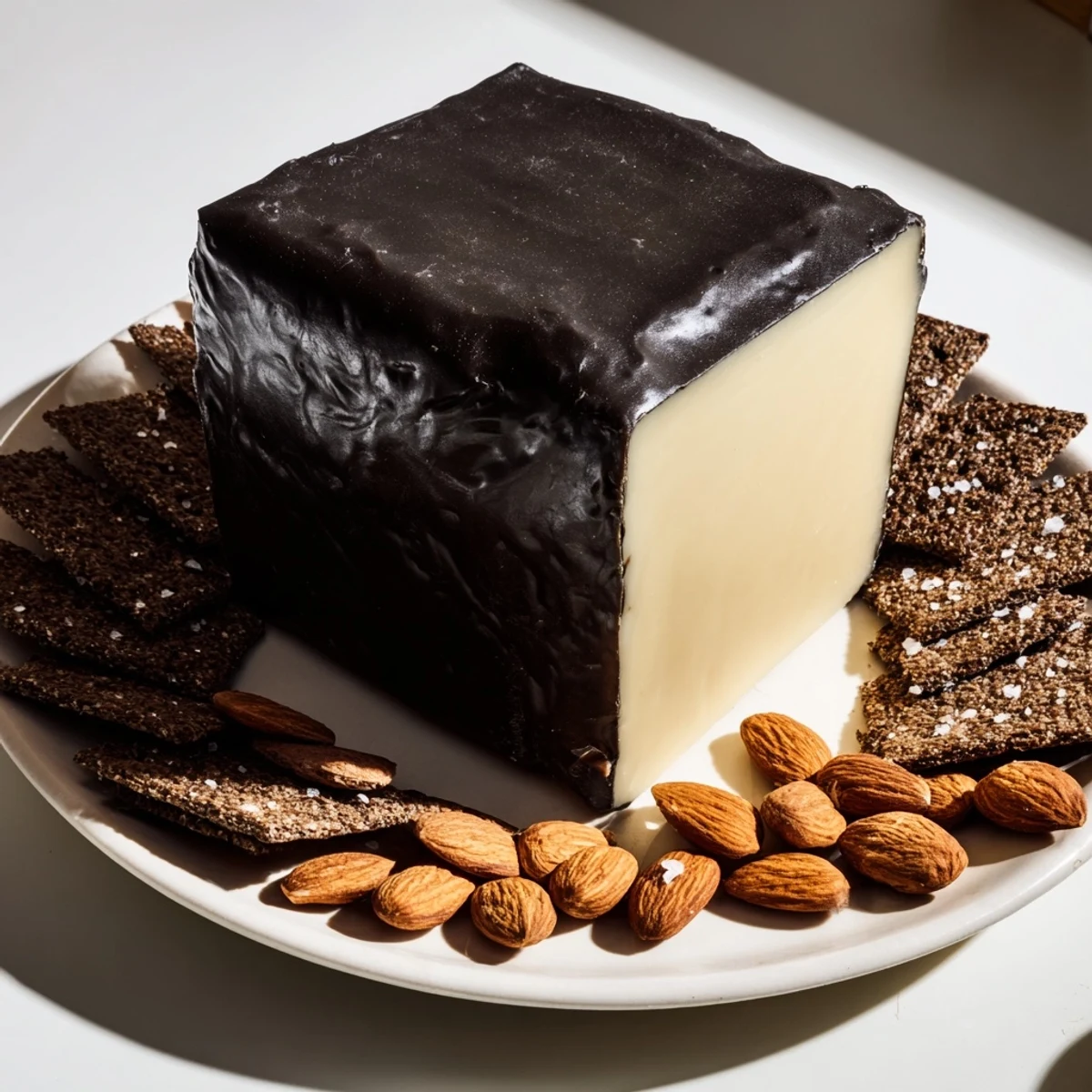 Black wax cheddar "Obsidian Peak" cheese platter with dark rye crackers and charcoal almonds.