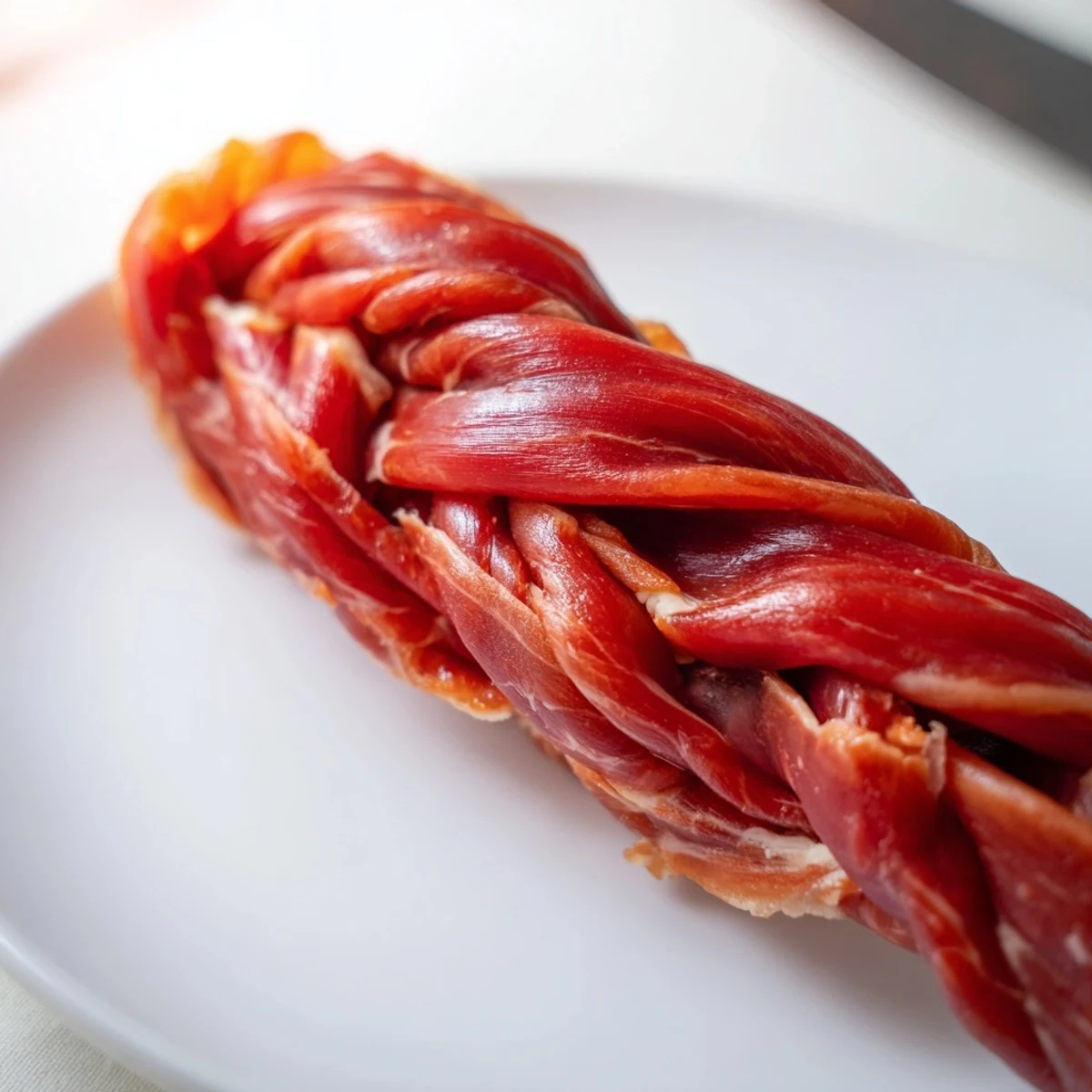 Braided The Nautical Knot appetizer, glistening with prosciutto and string cheese, ready to eat.