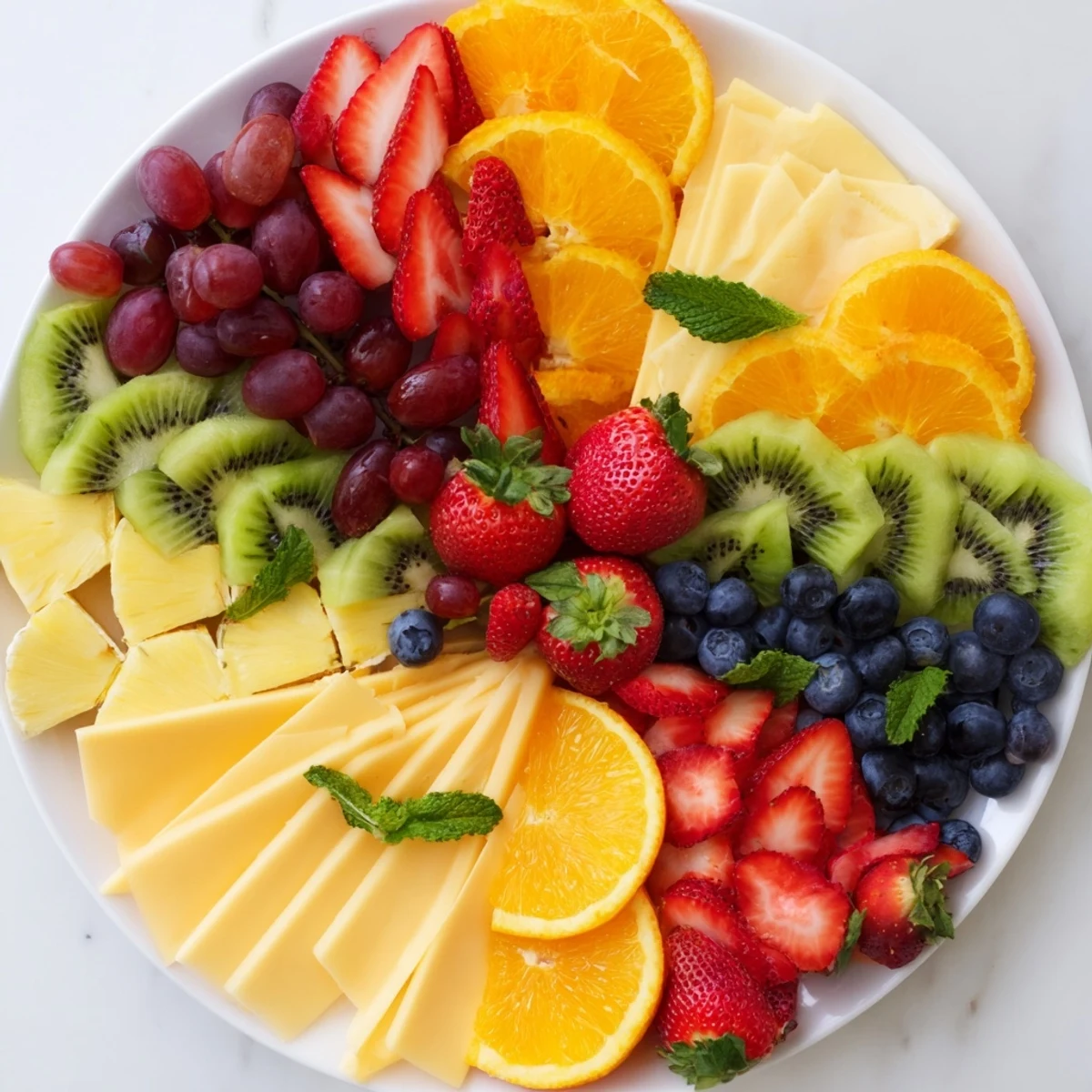 A colorful kaleidoscope circle appetizer with fresh fruit and cheese arranged beautifully.