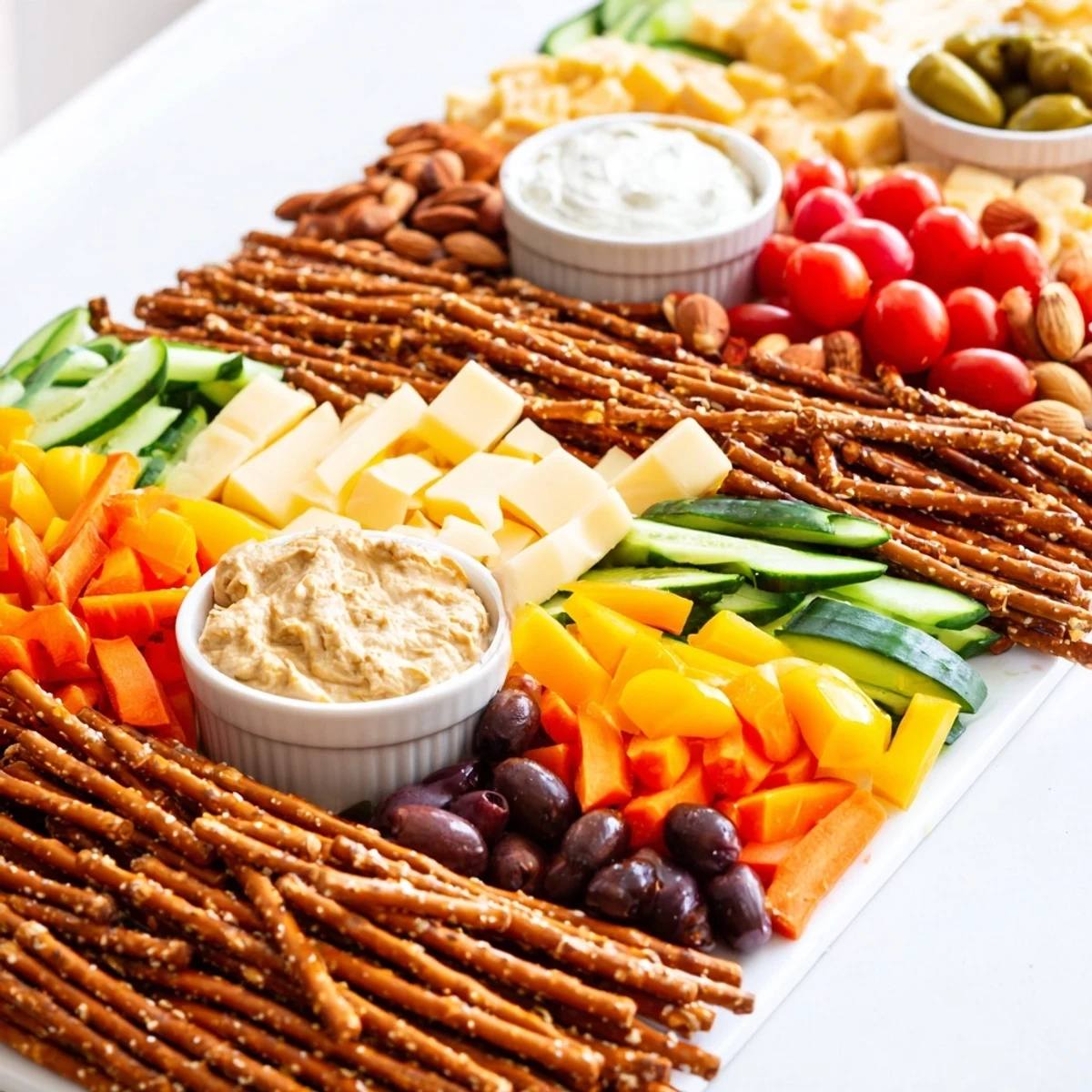 A visually appealing Urban Grid snack platter, with pretzel "streets" and colorful, savory blocks ready to serve.