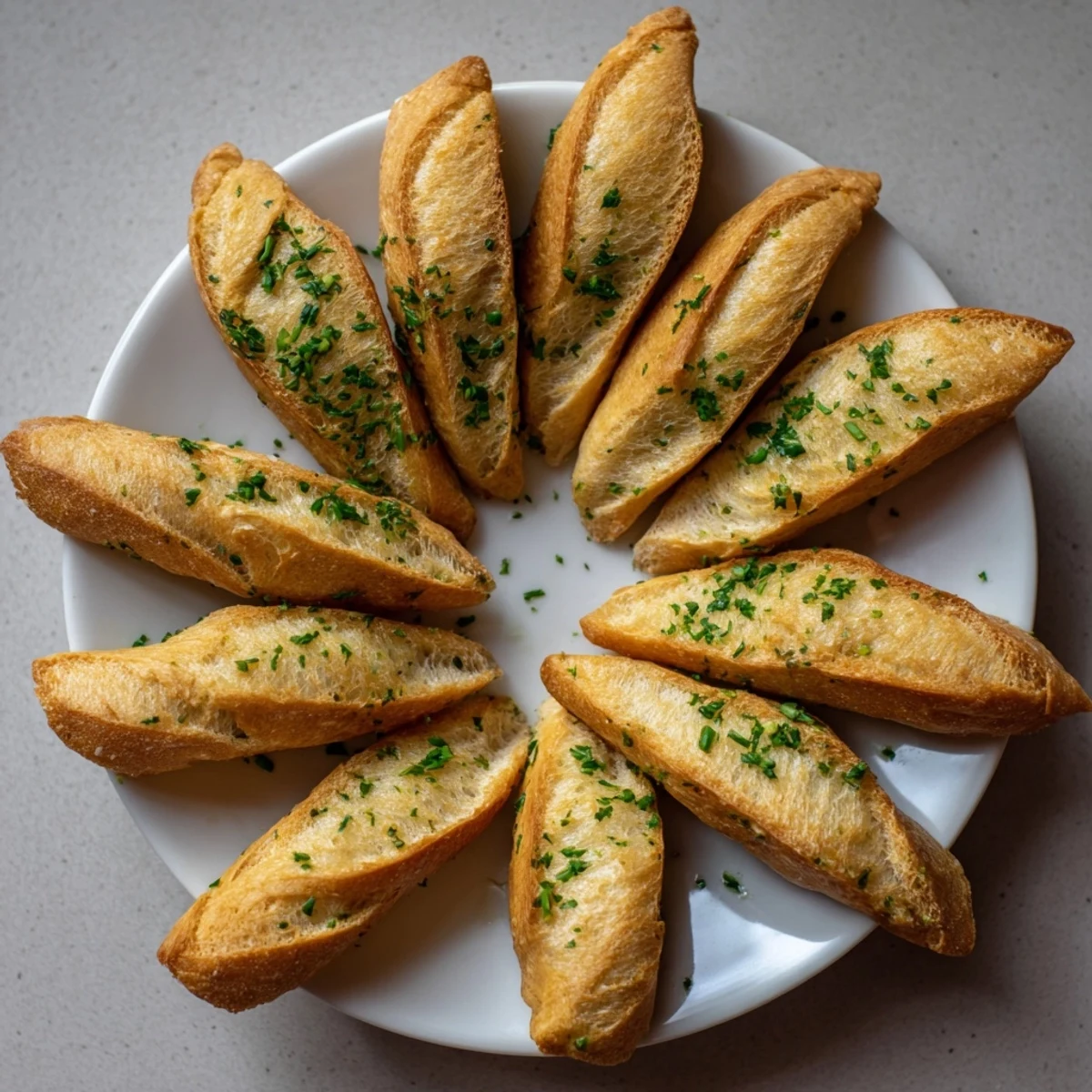 Golden, crispy Simple Bread baguette slices arranged in a decorative circle, ready to enjoy.