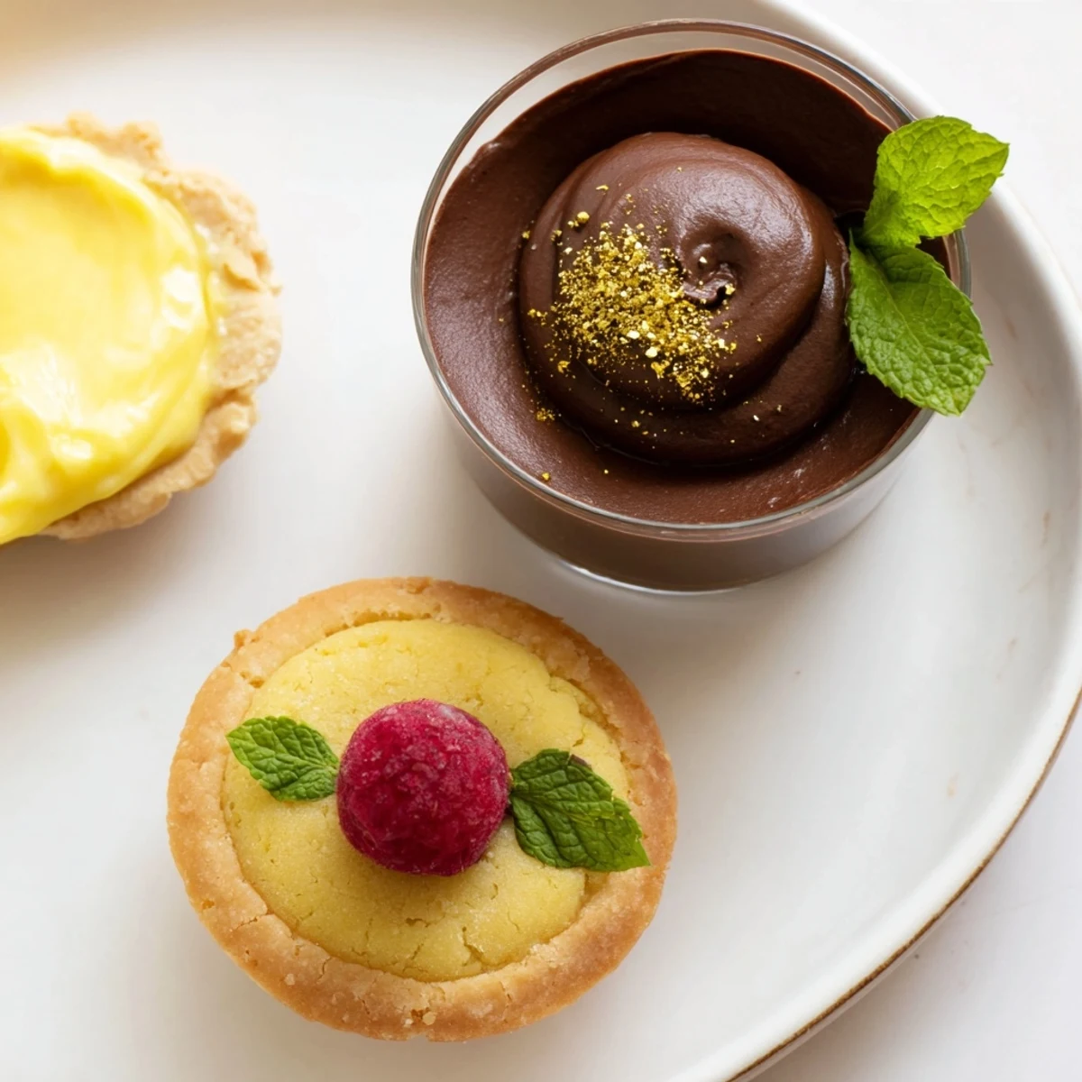 Assiette de Desserts Starry Delight showcasing tiny tartlets, rich chocolate mousse, and raspberry financiers, ready to enjoy.