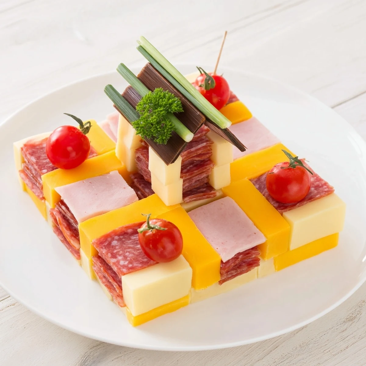 Checkerboard Chalet appetizer, a festive spread with cheese, meats, and a charming chalet built on top.