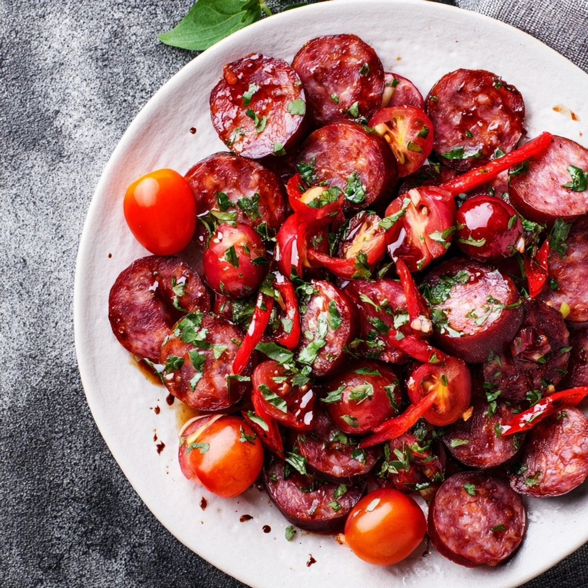 Chorizo, cherry, and pepper "Crimson Tide" appetizer, arranged beautifully over crisp white crackers, ready to serve.