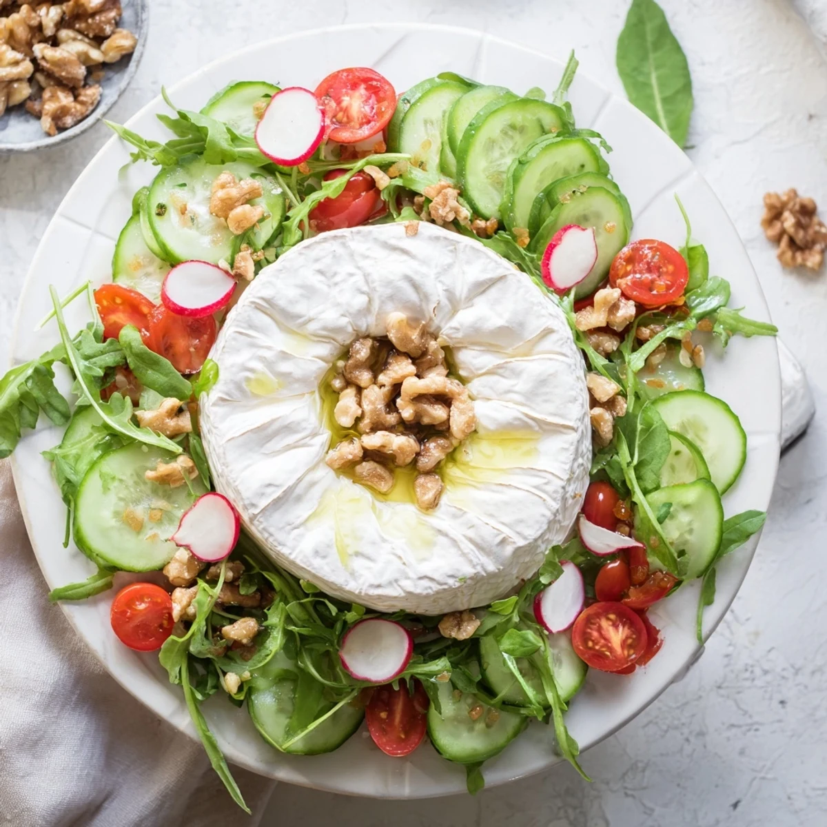 Arugula, tomatoes, cucumber, and radish converge on a cheese wheel in this Zenith Point salad.