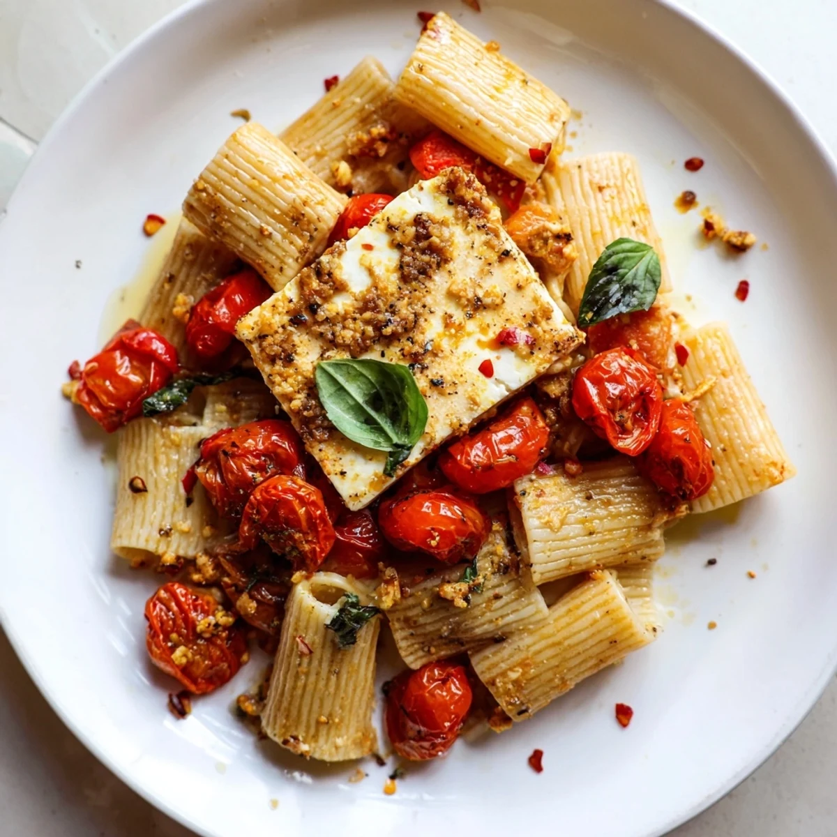Freshly baked Baked Feta 2.0 surrounded by golden tomatoes and tossed with hot honey.