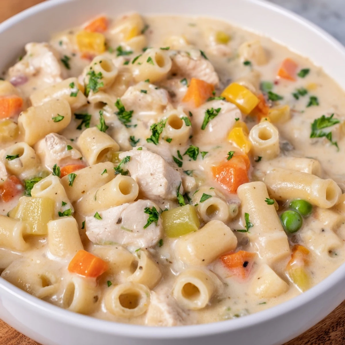 Chicken pot pie pasta soup