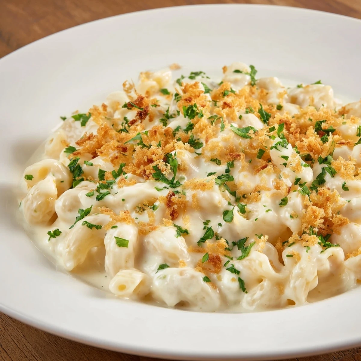 A close-up shot of homemade cottage cheese mac and cheese, with a sprinkle of herbs on top.