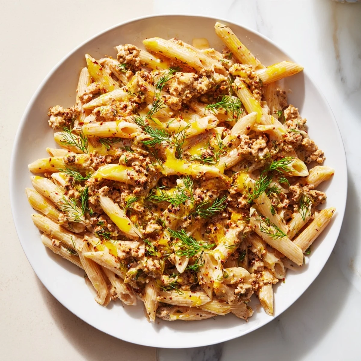 Tender Turkish Pasta with Ground Turkey, glistening with spiced butter and yogurt, ready to serve.