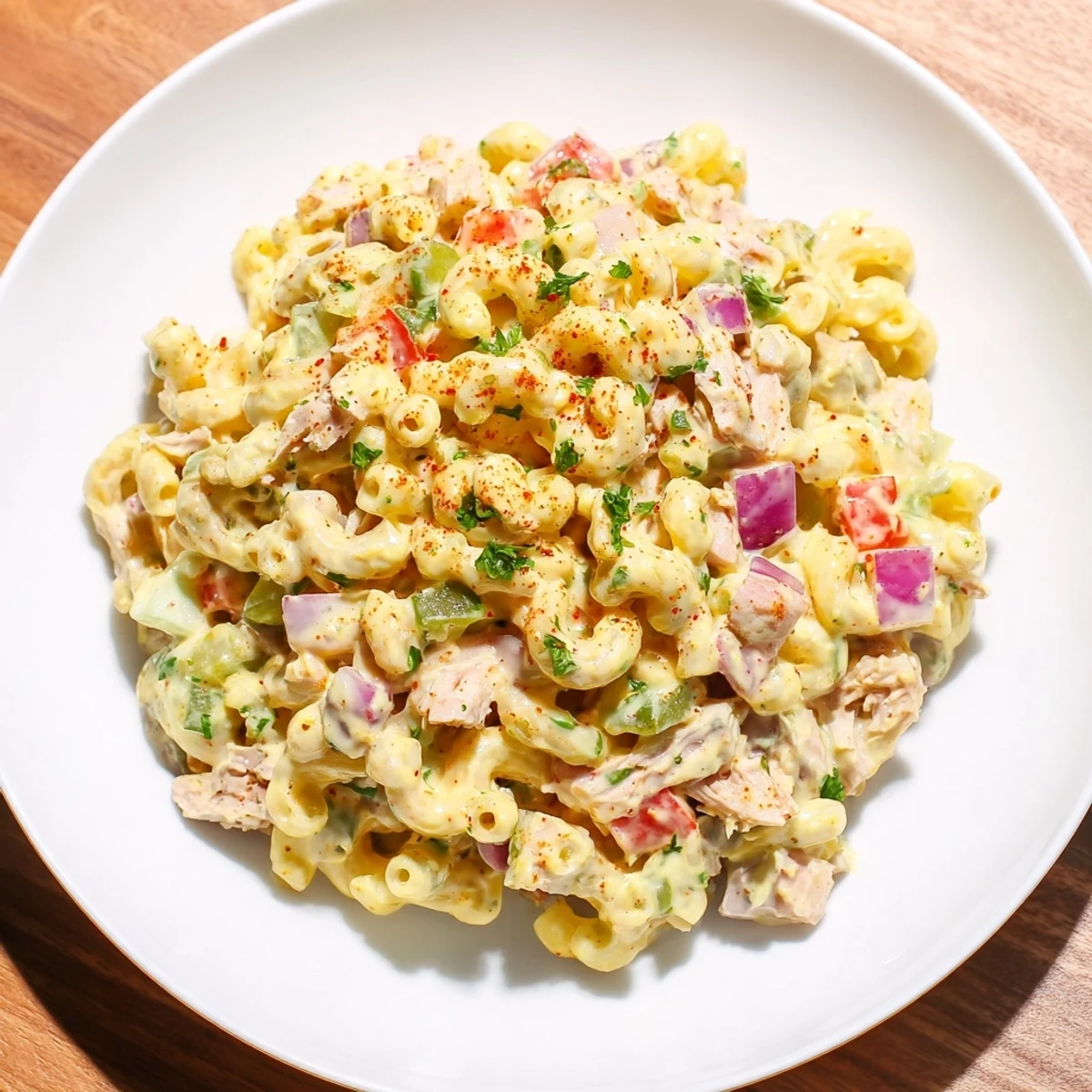 This chilled Chicken Macaroni Holiday Salad shows off the macaroni coated in a creamy, tangy dressing with relish.