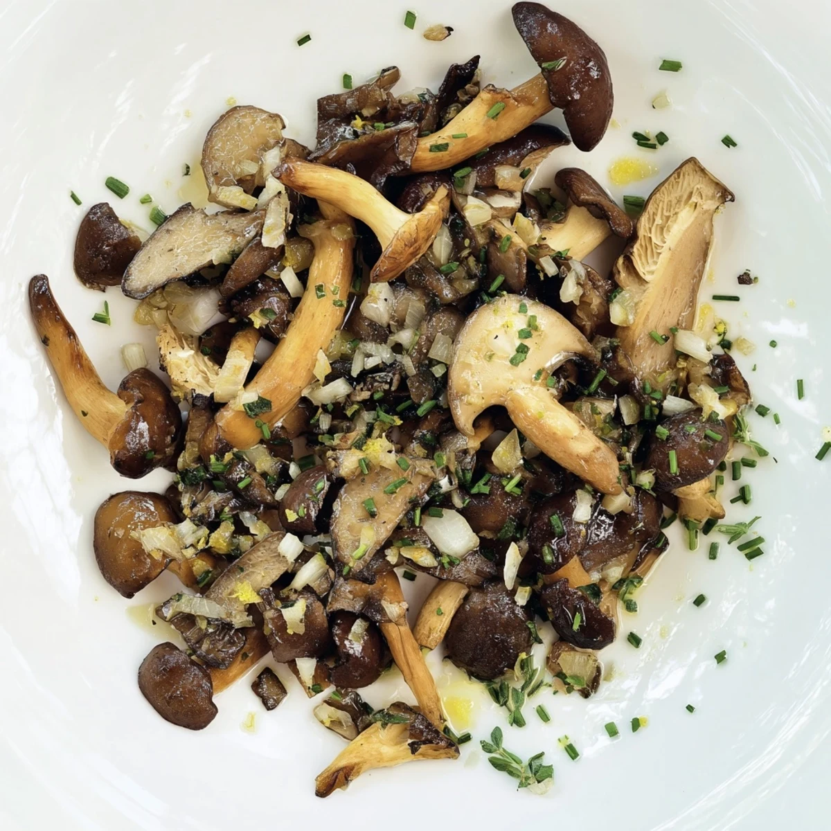 Sautéed Enchanted Forest Mushrooms, golden brown, with fresh herbs, perfect as a side dish.