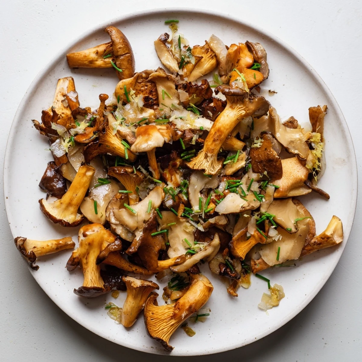 Vibrant image shows finished Enchanted Forest Mushrooms, a French-inspired side, garnished with fresh chives.