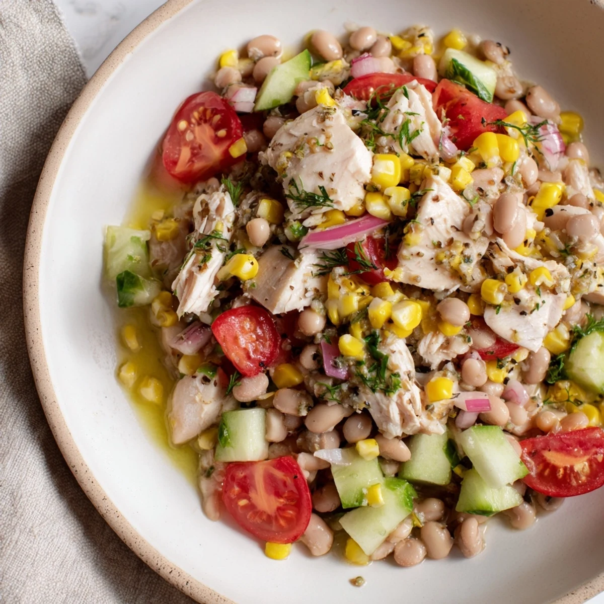 Fresh and flavorful dense bean salad with lemon-dill chicken, perfect for a Mediterranean-inspired lunch.