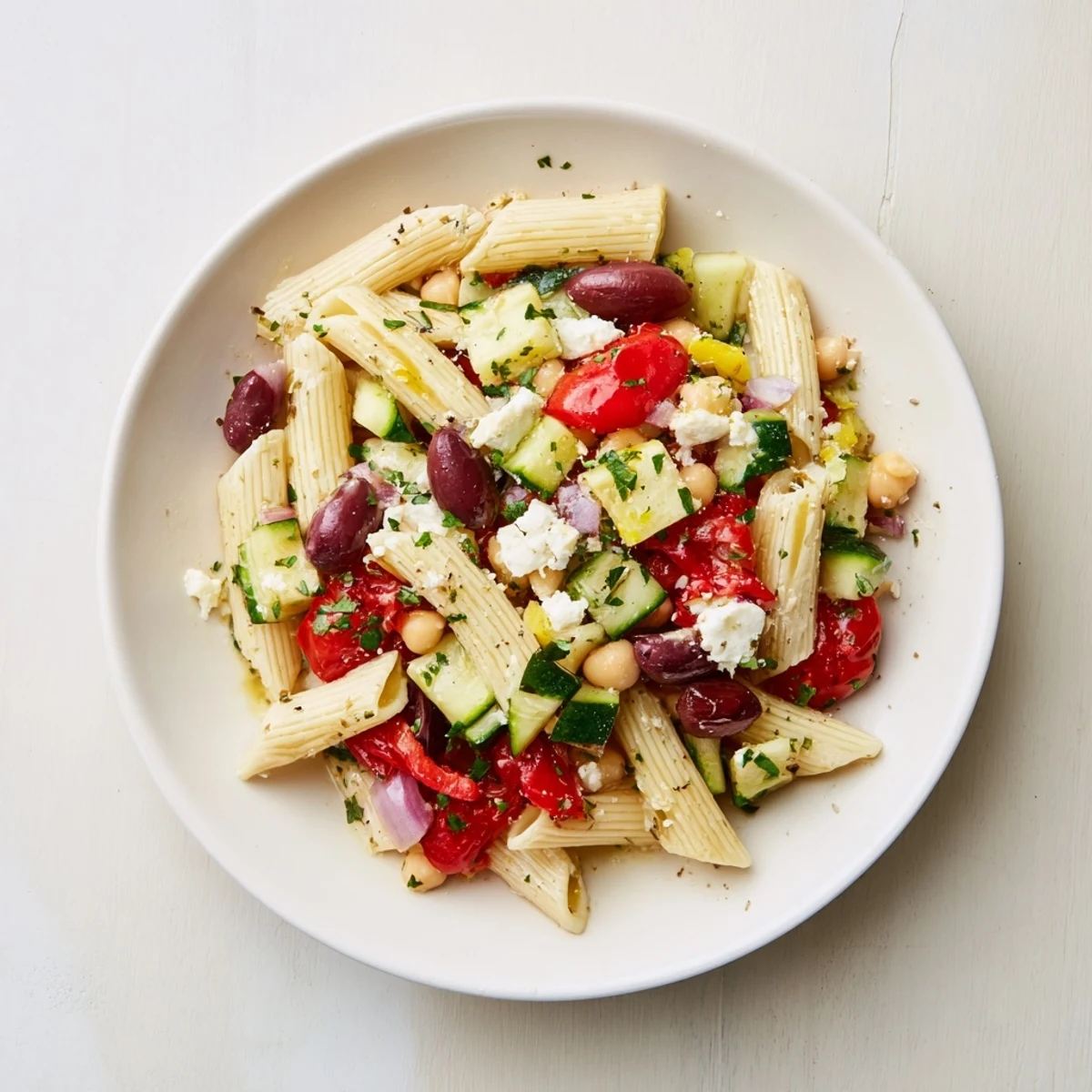 Zesty Mediterranean pasta salad with chickpeas: a refreshing bowl of pasta, glistening vegetables, and tangy dressing.