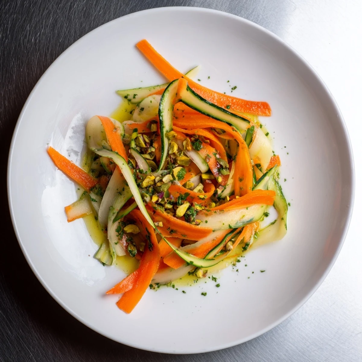 Vibrant Citrus Carrot Ribbon Salad, featuring delicate carrot ribbons and pistachios, makes a refreshing appetizer.