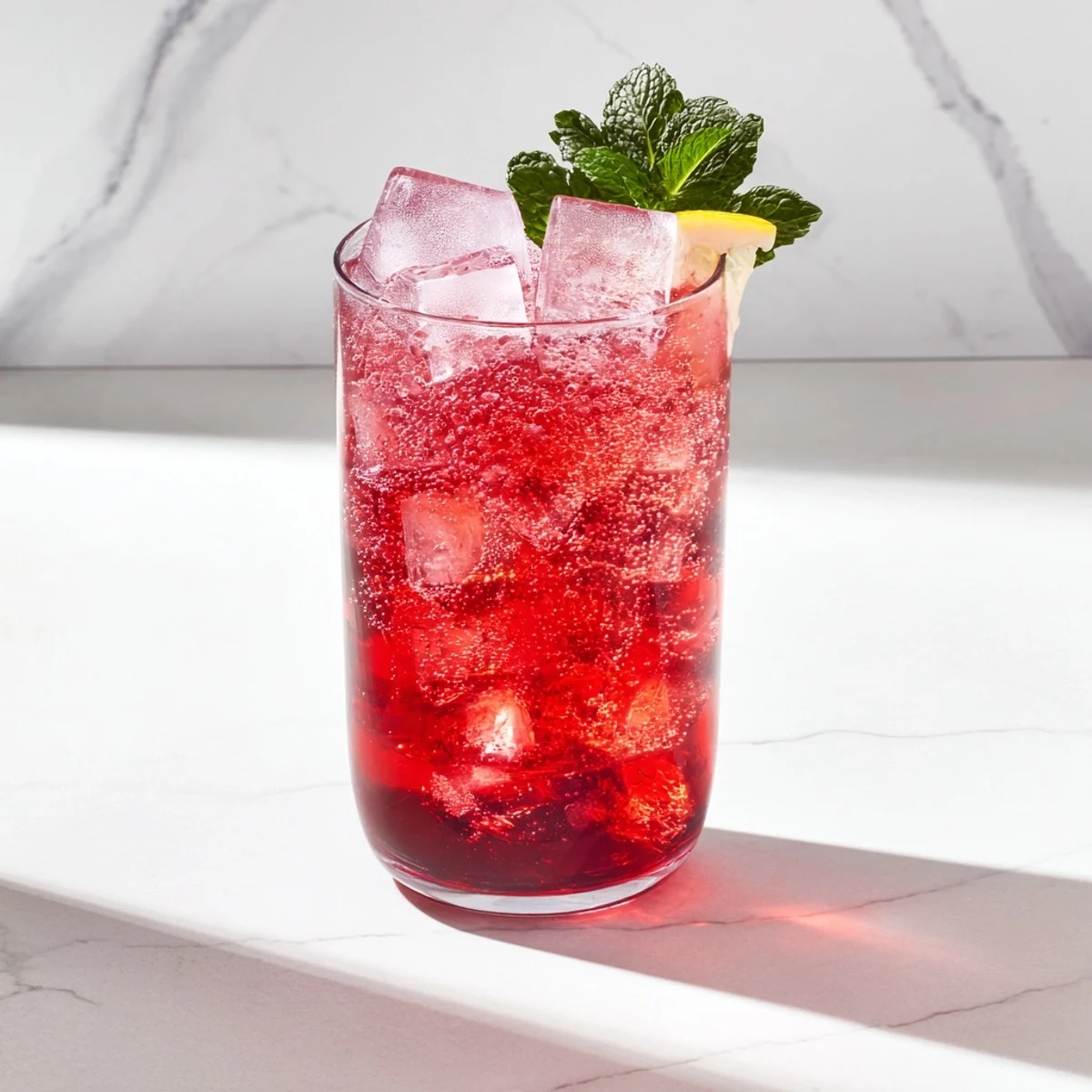 Sleepy Girl Cherry Mocktail in a tall glass, garnished with lemon and mint, perfect for relaxing.