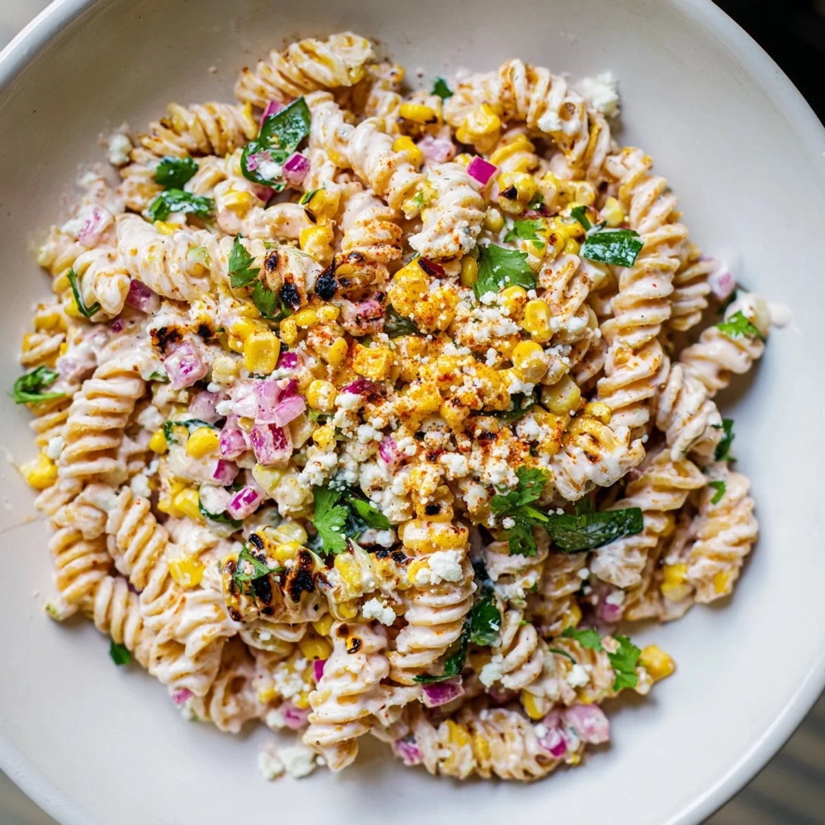 Tender pasta and sweet corn combine in this Creamy Street Corn Pasta Salad, a delicious side.