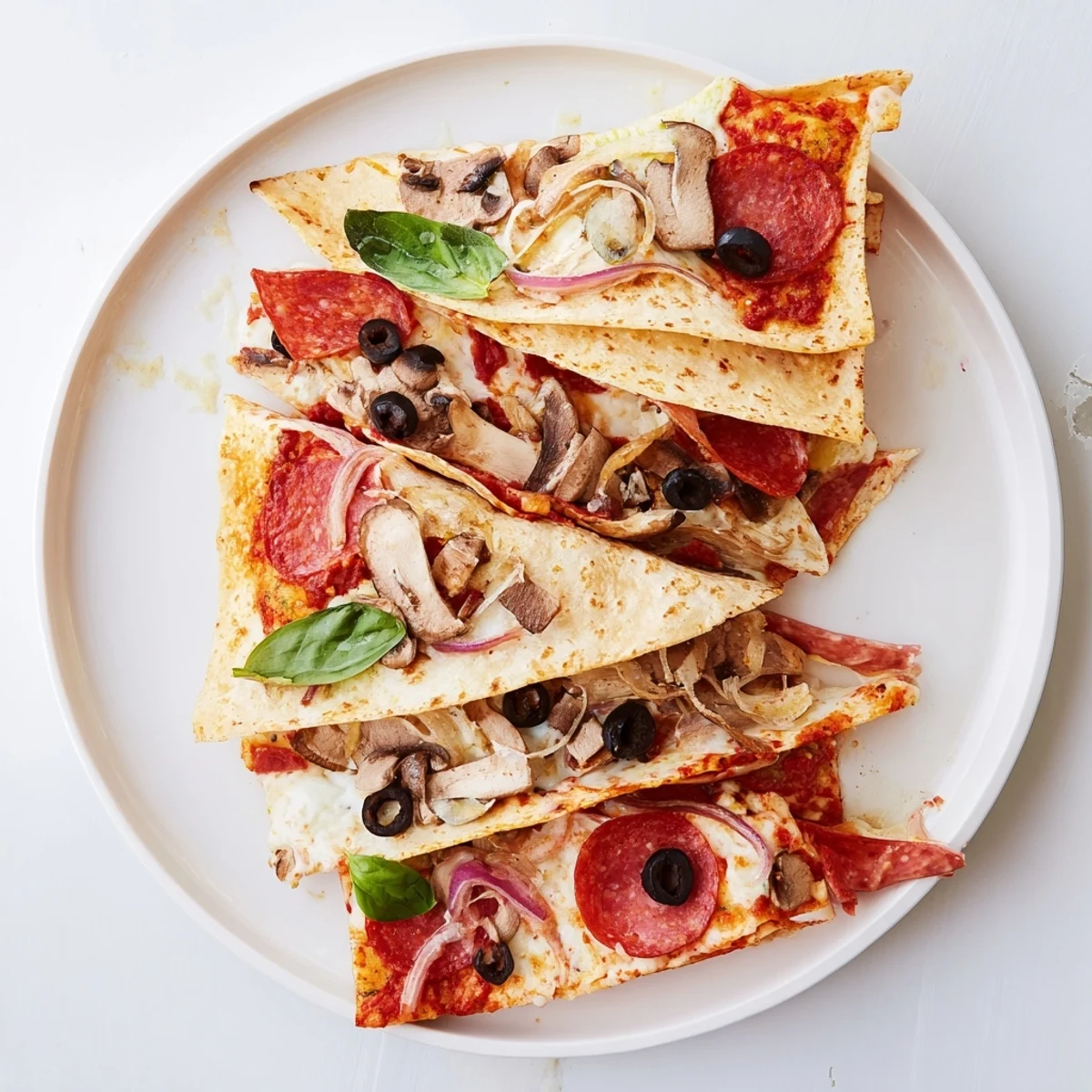 Cheesy tortilla pizza wrap, golden brown and crispy, filled with melted cheese and savory toppings.