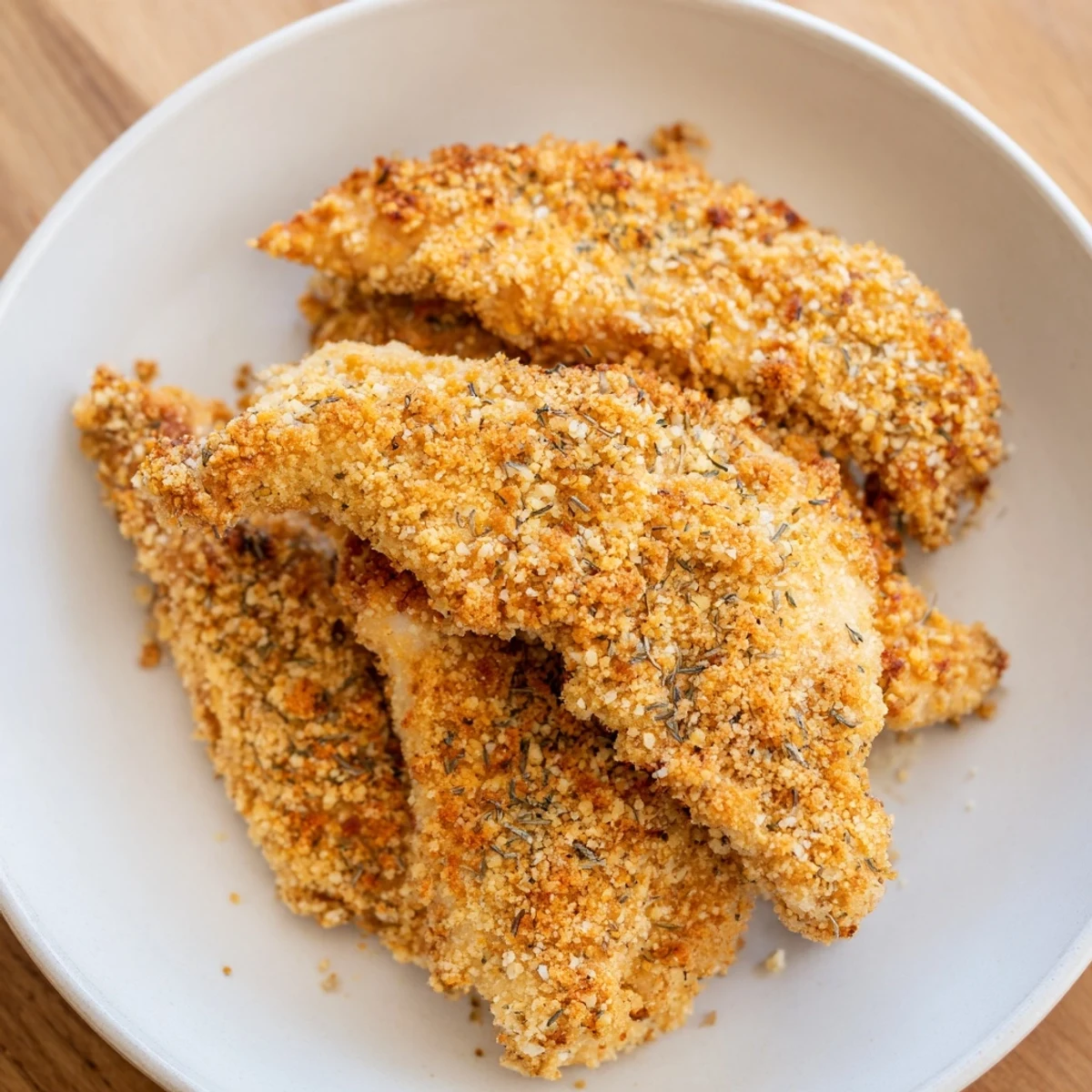 Golden and crispy air-fried chicken tenders, a delicious and quick homemade meal, ready to eat!