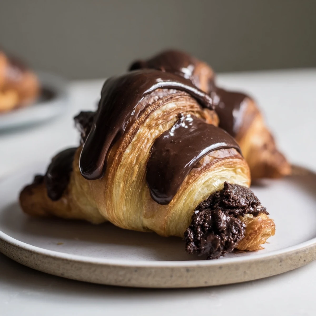 A close-up of gooey chocolate cookie croissants with melty chocolate chips, perfect for a breakfast treat.