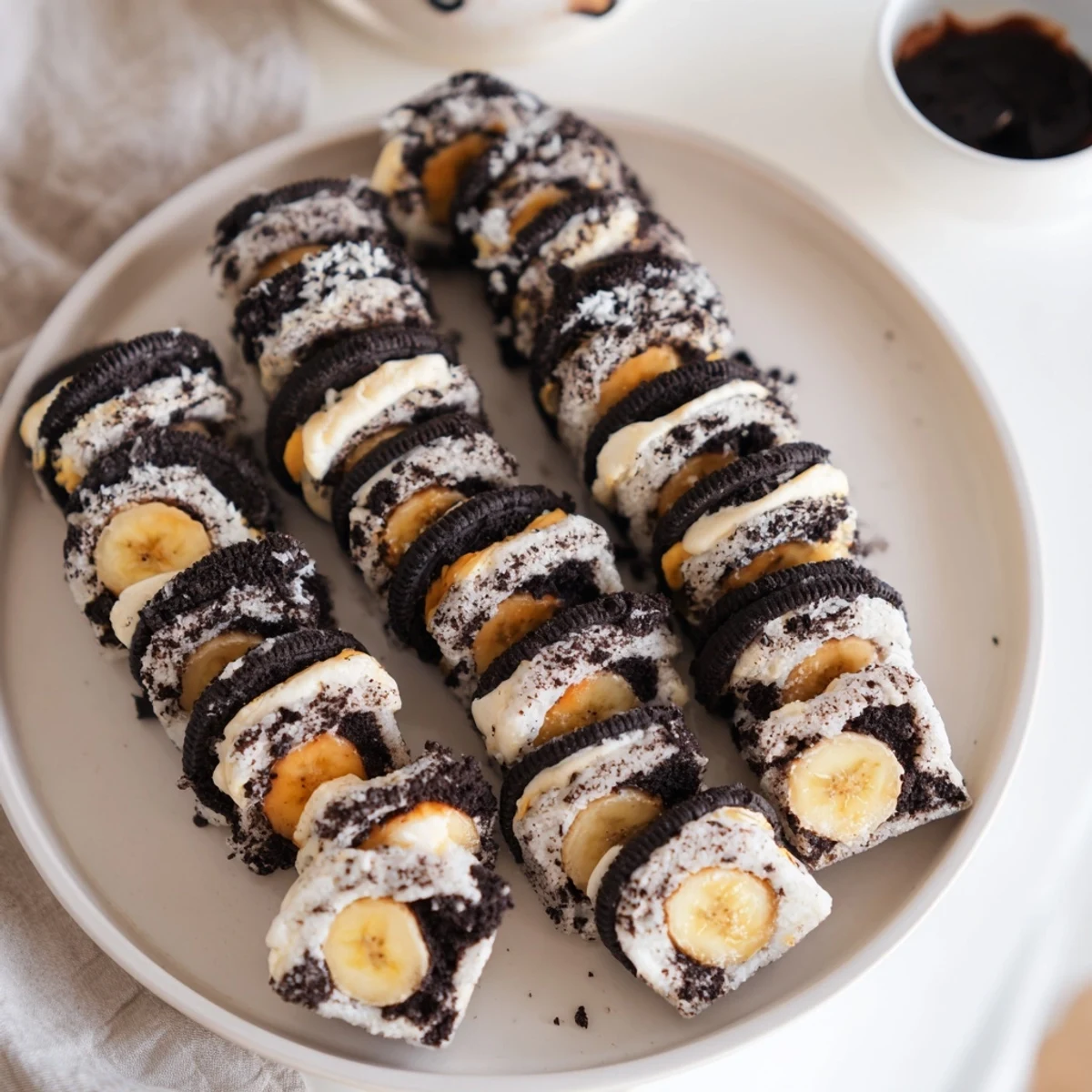 Oreo cookie sushi rolls, beautifully plated, ready to be dipped into the rich chocolate "soy" sauce.