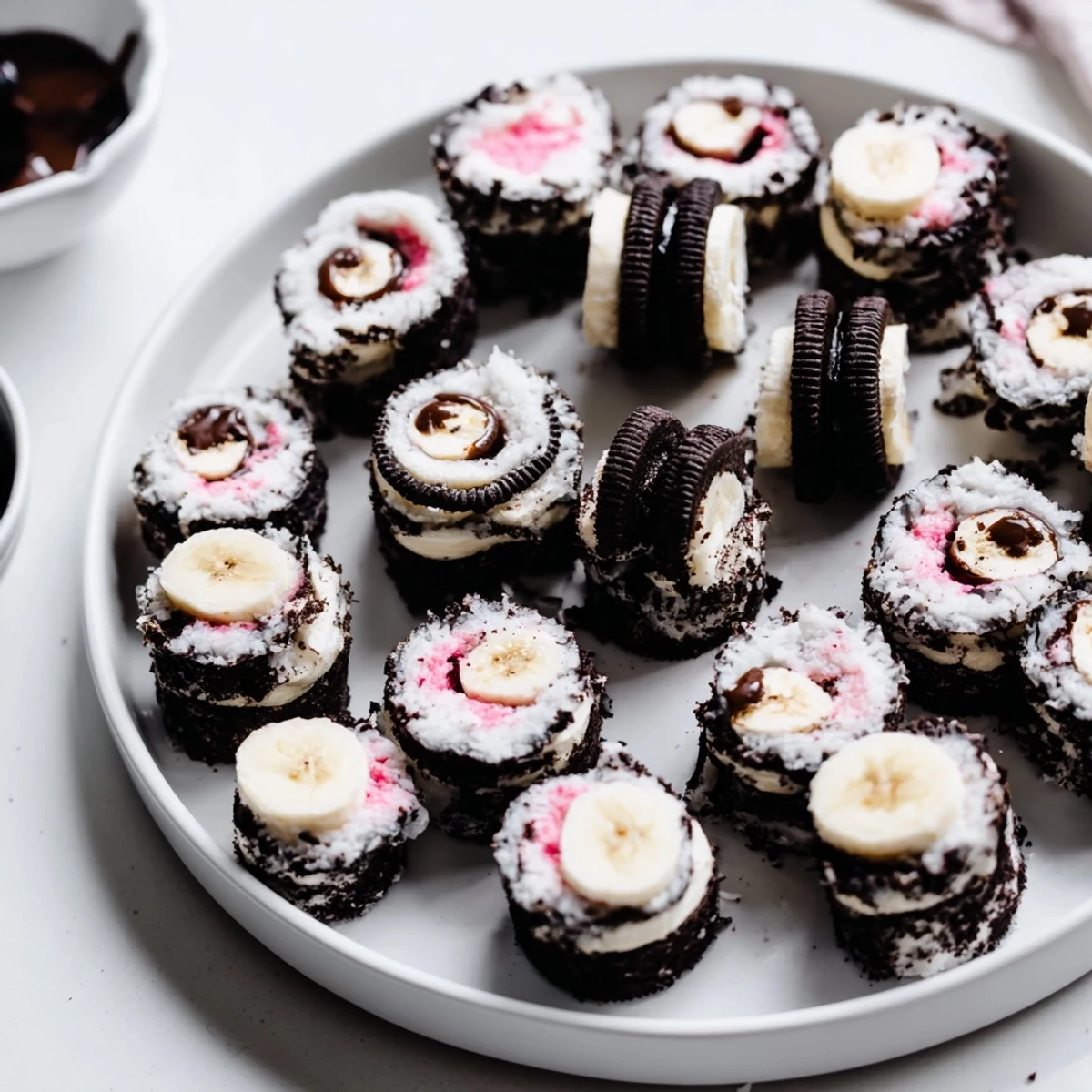 Dark chocolate "soy" dip complements the sweet Oreo cookie sushi rolls with festive sprinkles on top.