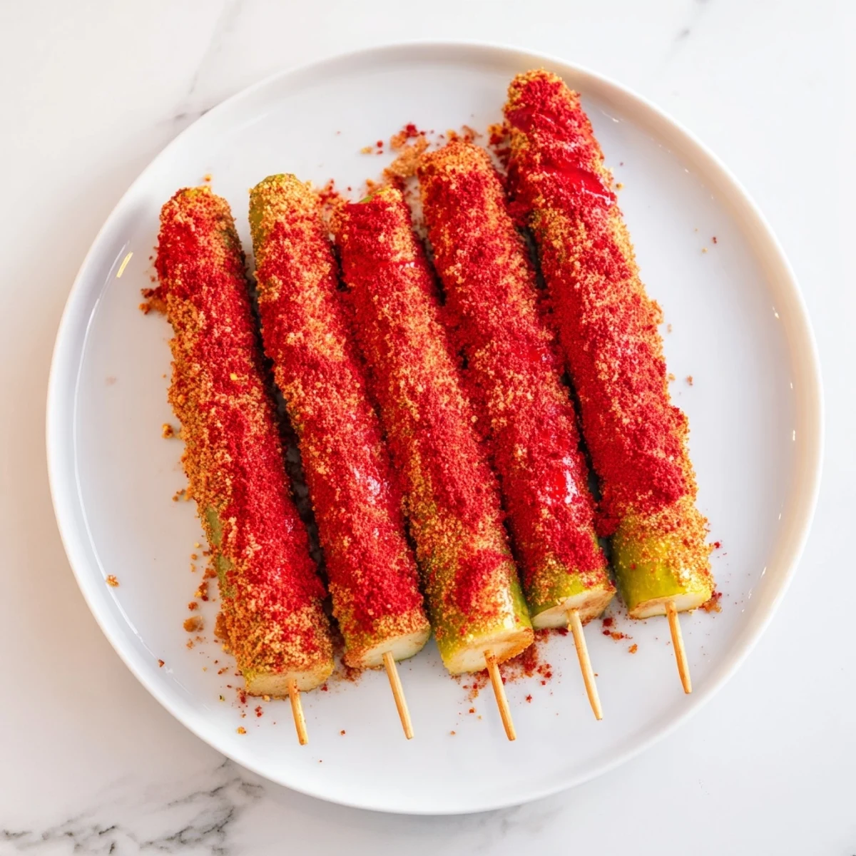 Close-up of chamoy-Tajín pickle sticks, a spicy, tangy, and refreshing street food snack.