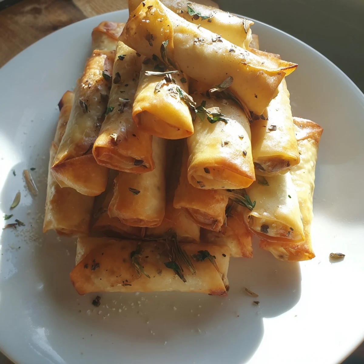 Crispy garlic lumpia chips glistening with golden brown color, a delightful finger food snack.