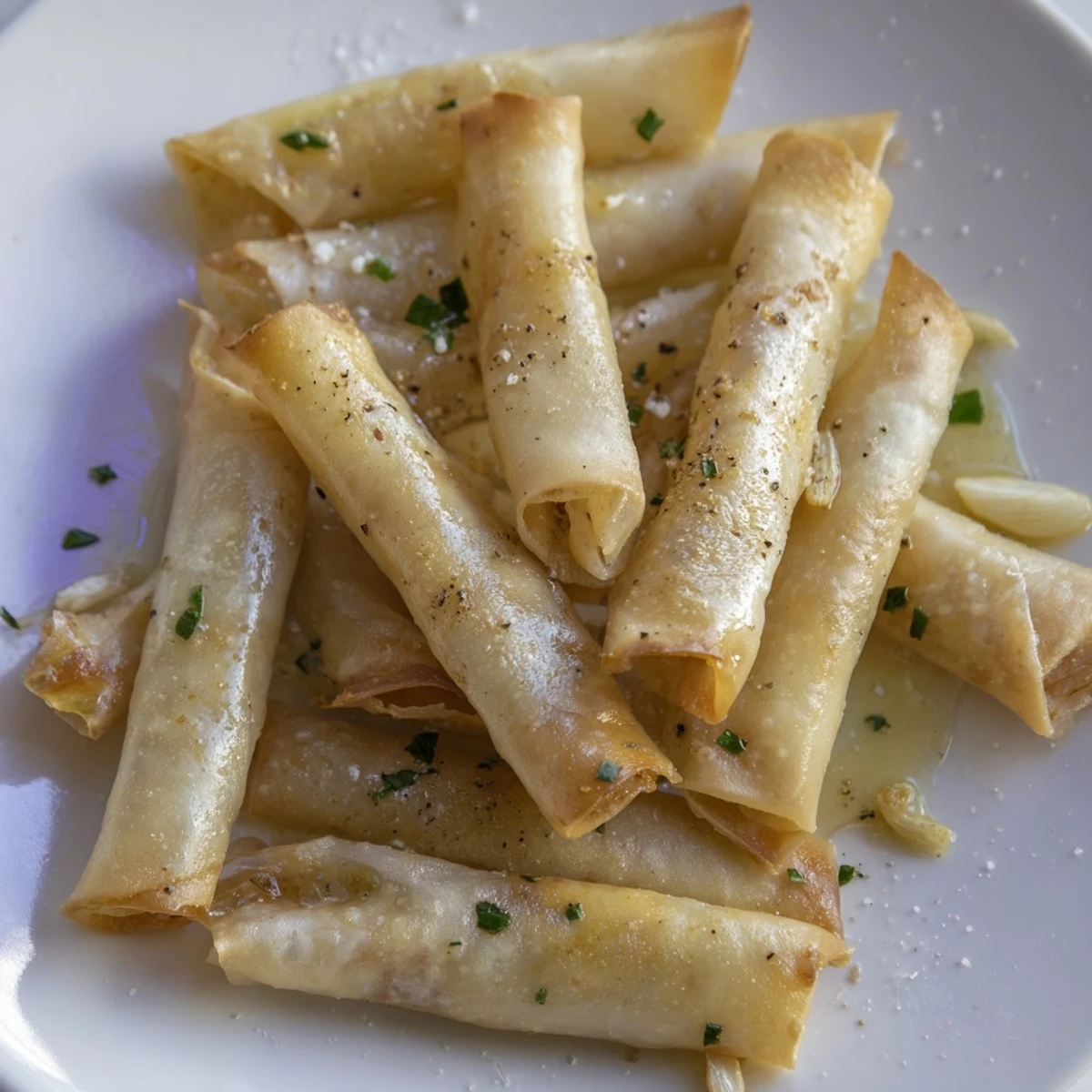 Close-up photo of crunchy garlic lumpia chips, showcasing the airy, crispy texture.