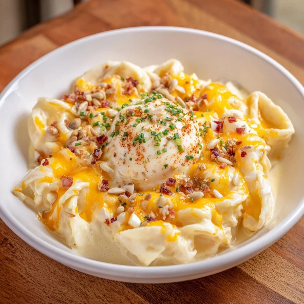 A steaming Instant Cheese Ramen bowl, showcasing the melted cheese and runny egg yolk.