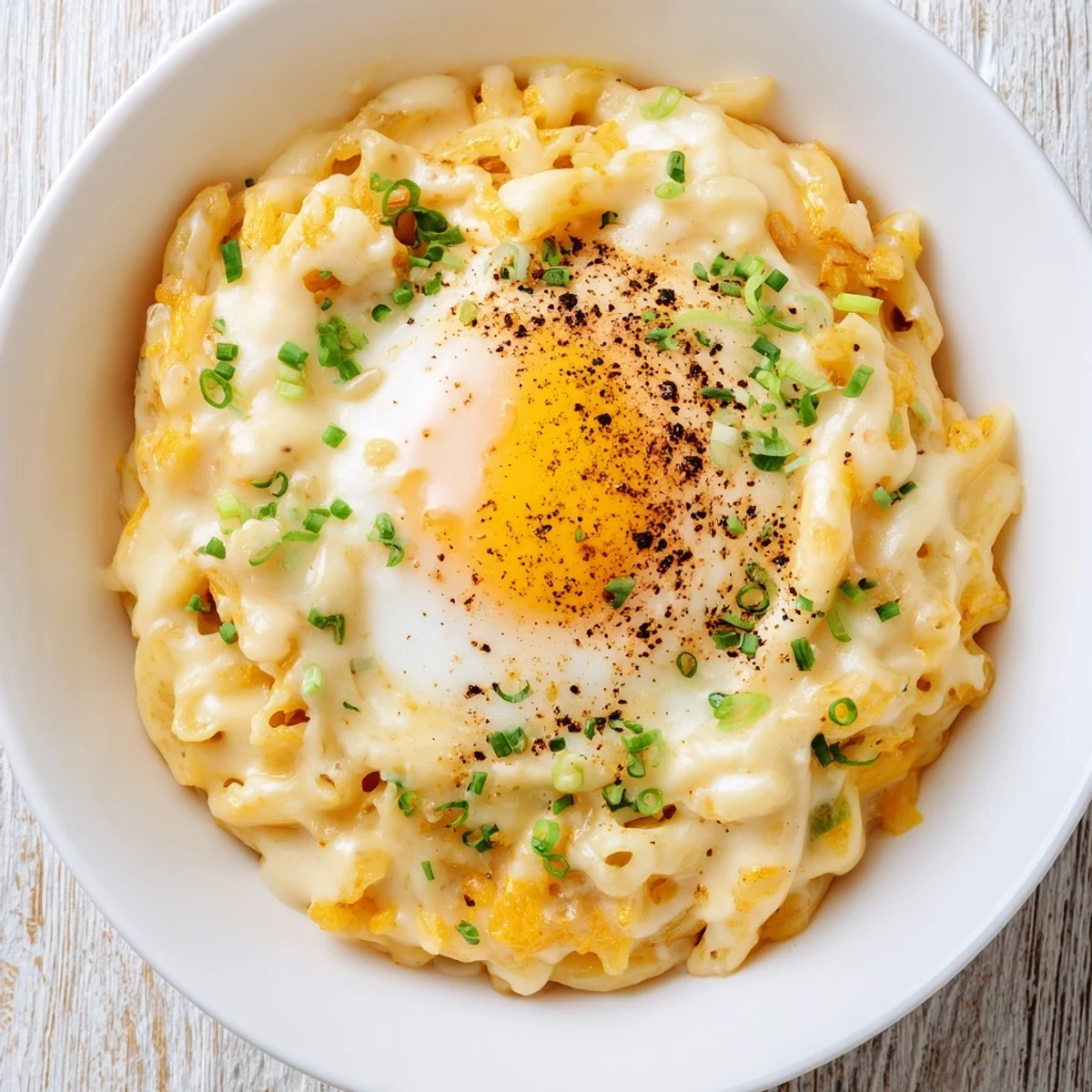 Instant Cheese Ramen bowl, topped with a soft-poached egg and sesame seeds, a creamy delight.