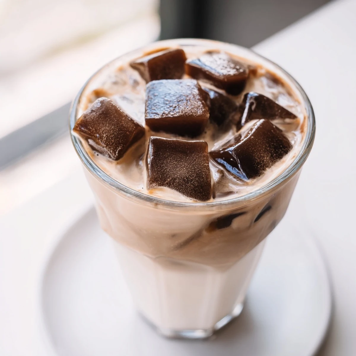 A layer of cracked dark chocolate topping a chilled Chocolate Cracking Iced Latte.
