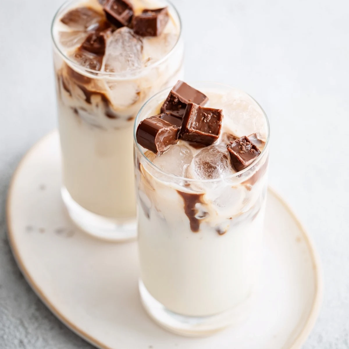 Swirling ice and espresso in a glass of a rich, creamy Chocolate Cracking Iced Latte.