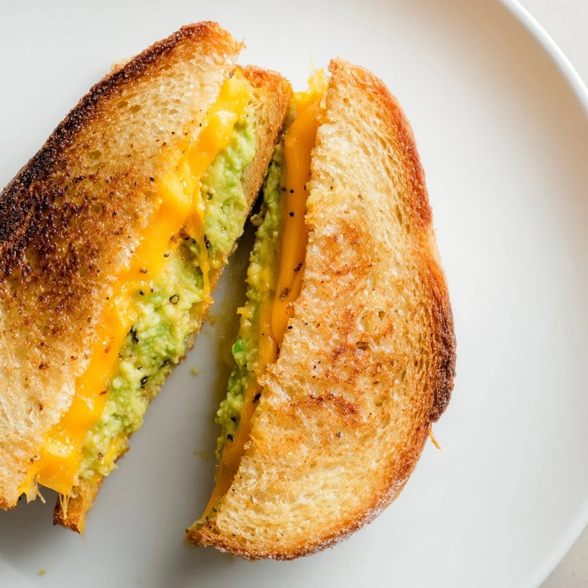 Golden, melted cheddar oozing out of a perfectly grilled Avocado Toast Grilled Cheese sandwich.