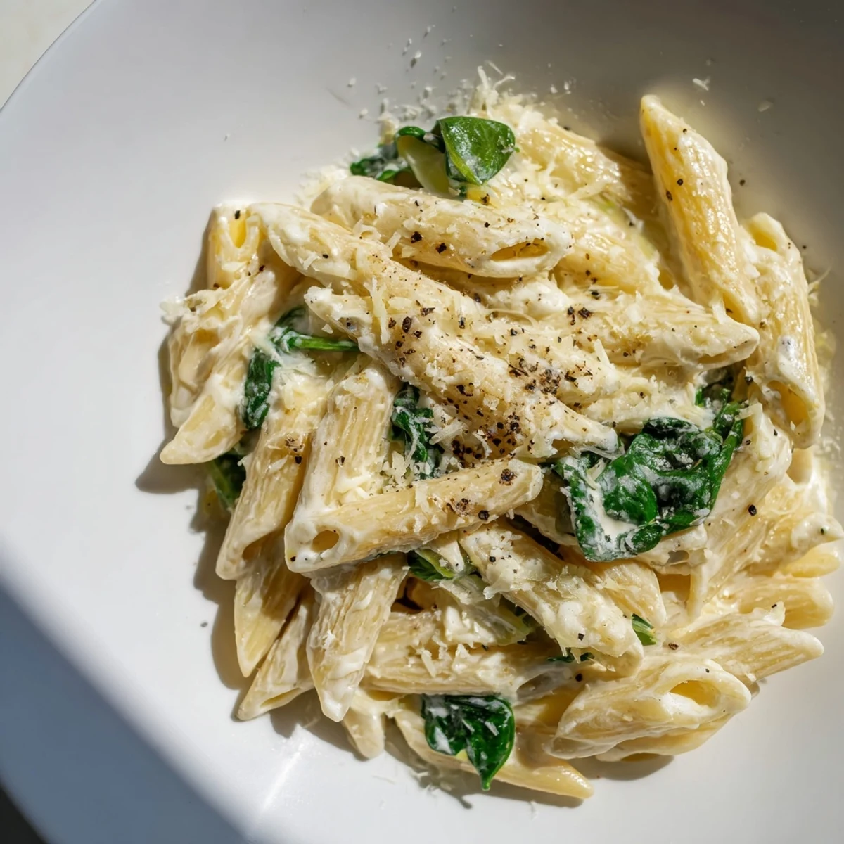 Luscious creamy spinach pasta coated in a rich, creamy sauce, ready to serve with Parmesan.