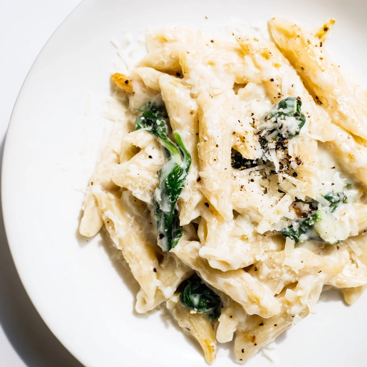 A close-up of creamy spinach pasta with wilted spinach, garnished and plated beautifully.