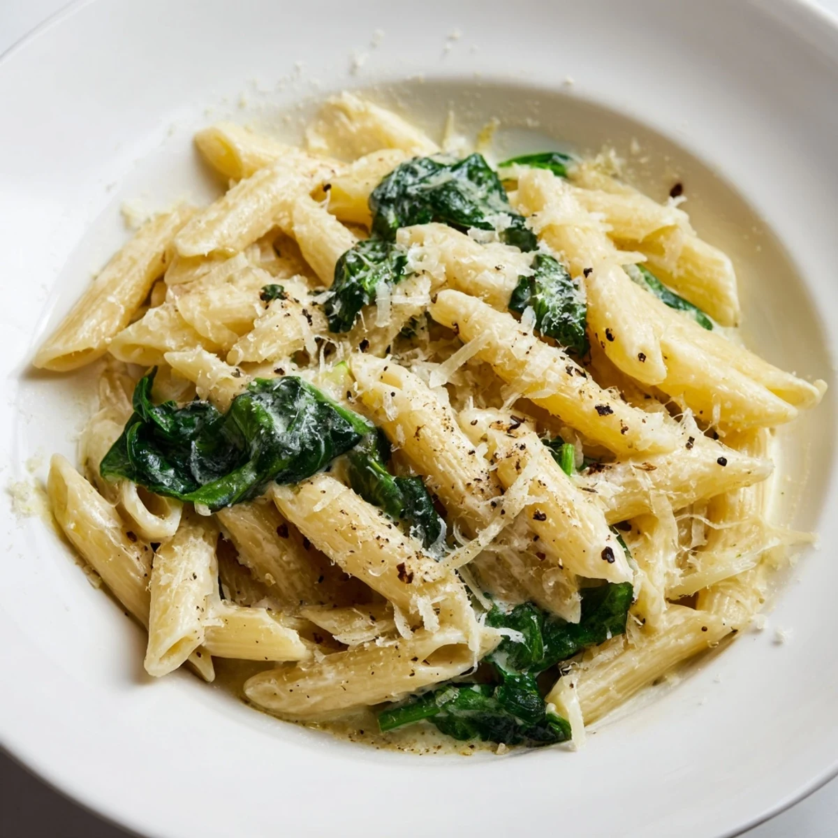 Warm, comforting creamy spinach pasta with a drizzle of pepper; perfect for dinner.