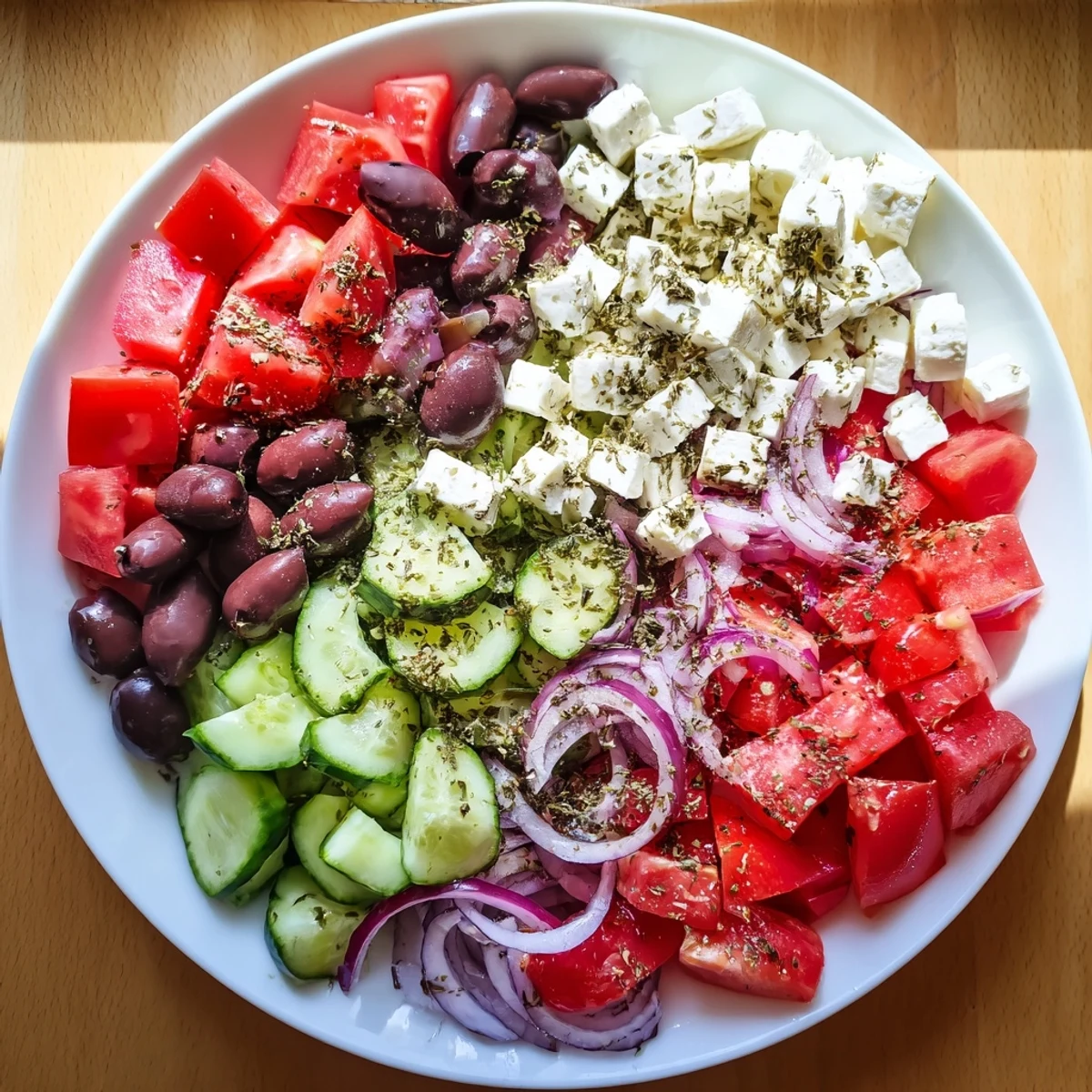 A close-up of a refreshing Mediterranean Salad: fresh, colorful, and perfect for hot days.