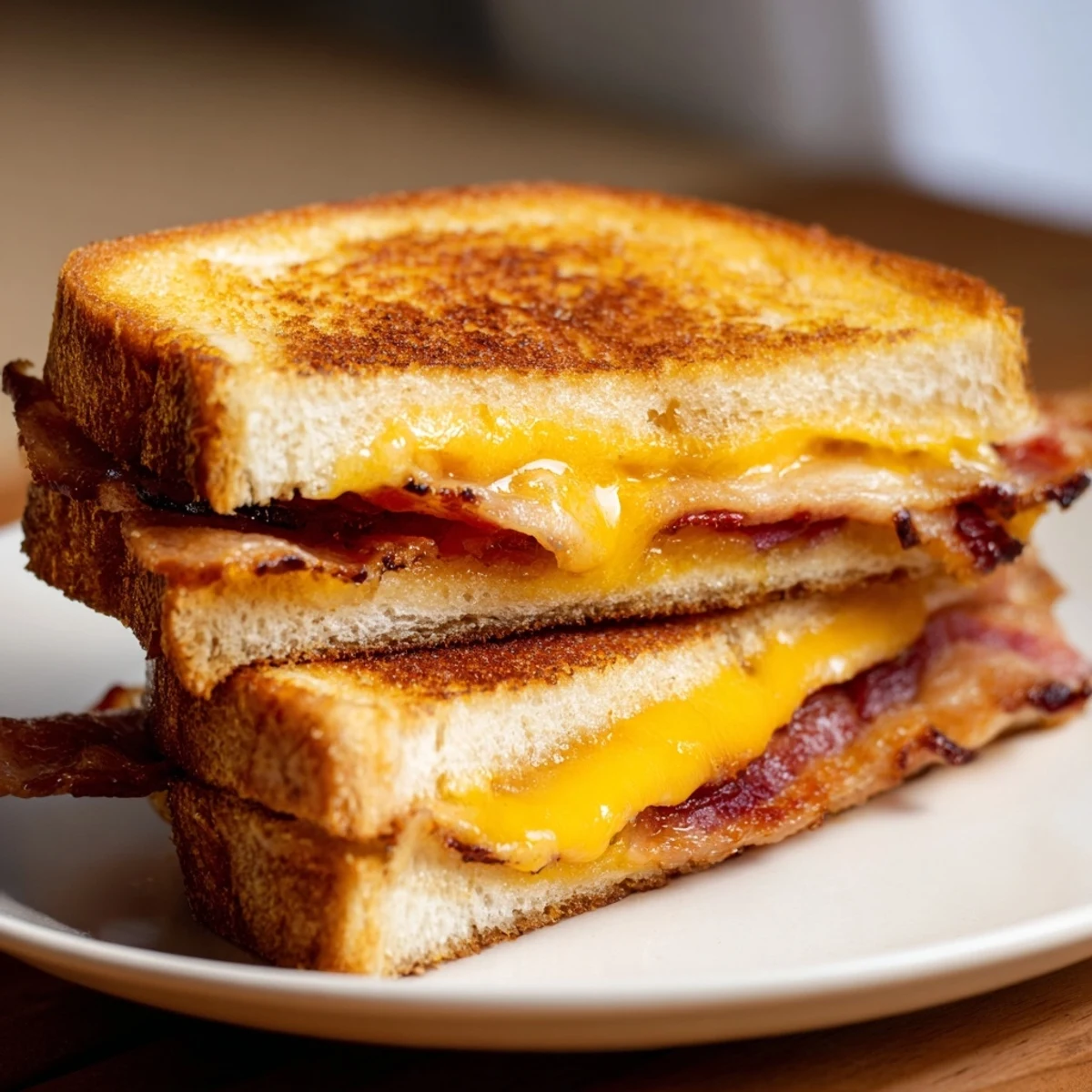 Golden, melted Crispy Bacon Cheddar Grilled Cheese, with crispy bacon bits, ready to eat.