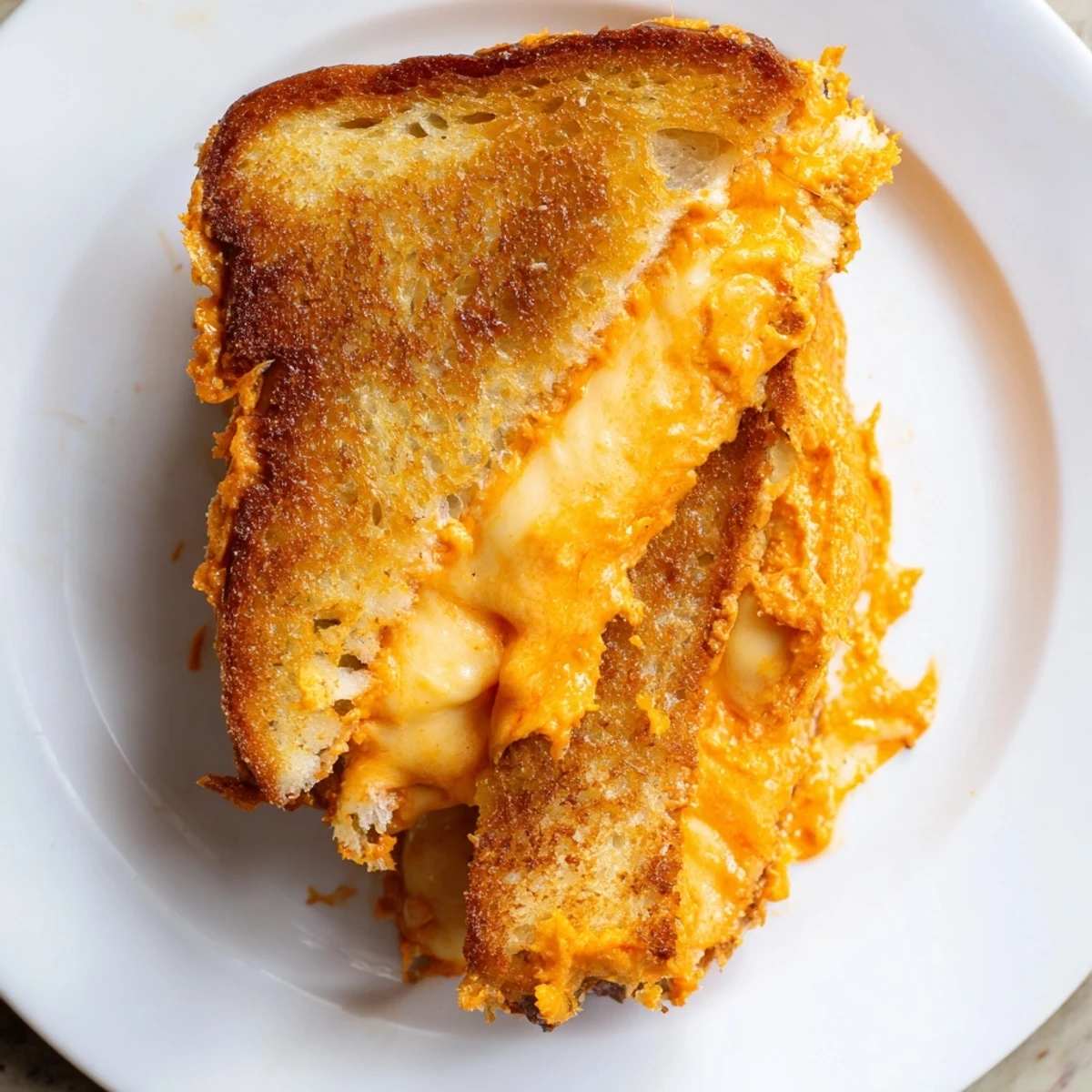 Golden-brown Spiked Grilled Cheese with Sriracha Mayo, oozing melted cheese ready to enjoy.