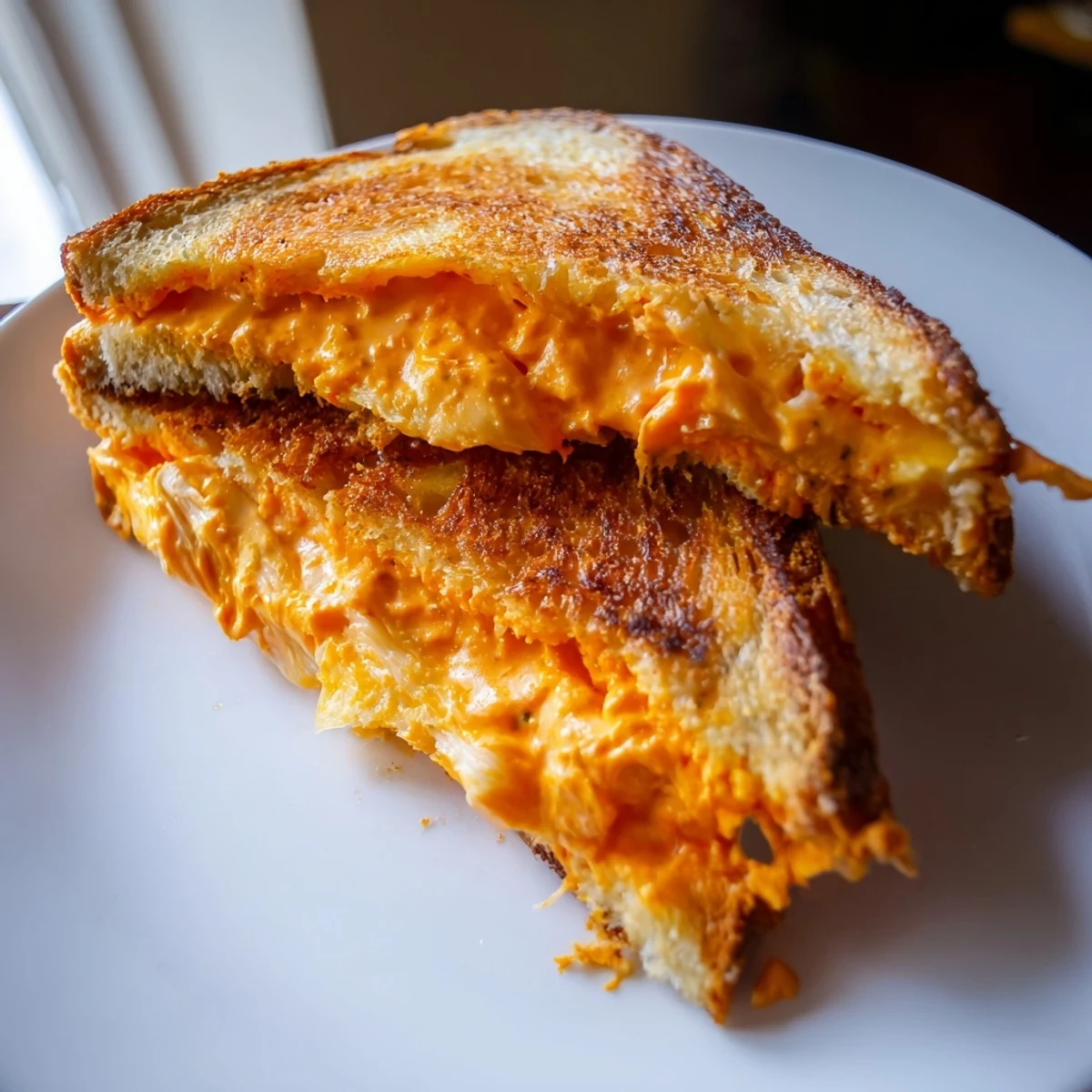 Crispy Spiked Grilled Cheese showcasing oozing cheese and a vibrant, spicy sriracha mayo coating the bread.