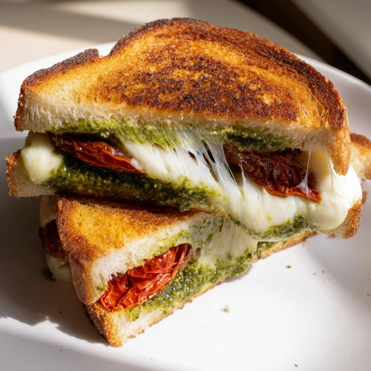 Golden, overflowing pesto grilled cheese, promising crispy bread, gooey cheese, and sun-dried tomatoes.