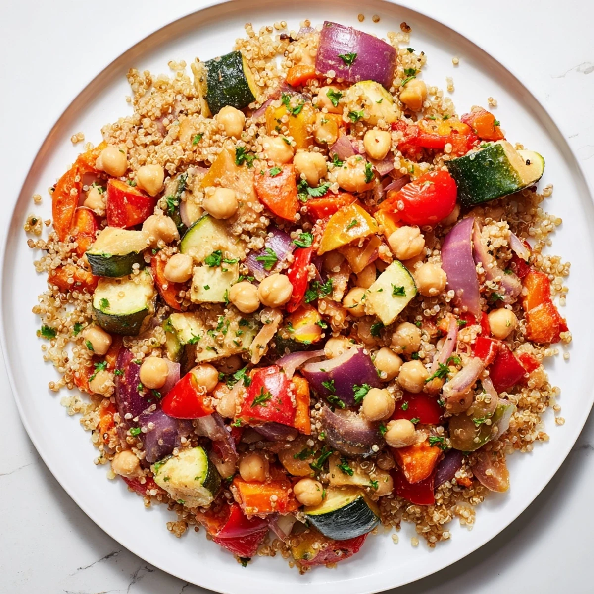 Warm bowl of Quinoa Power Salad: a colorful, healthy vegan salad with creamy tahini dressing.