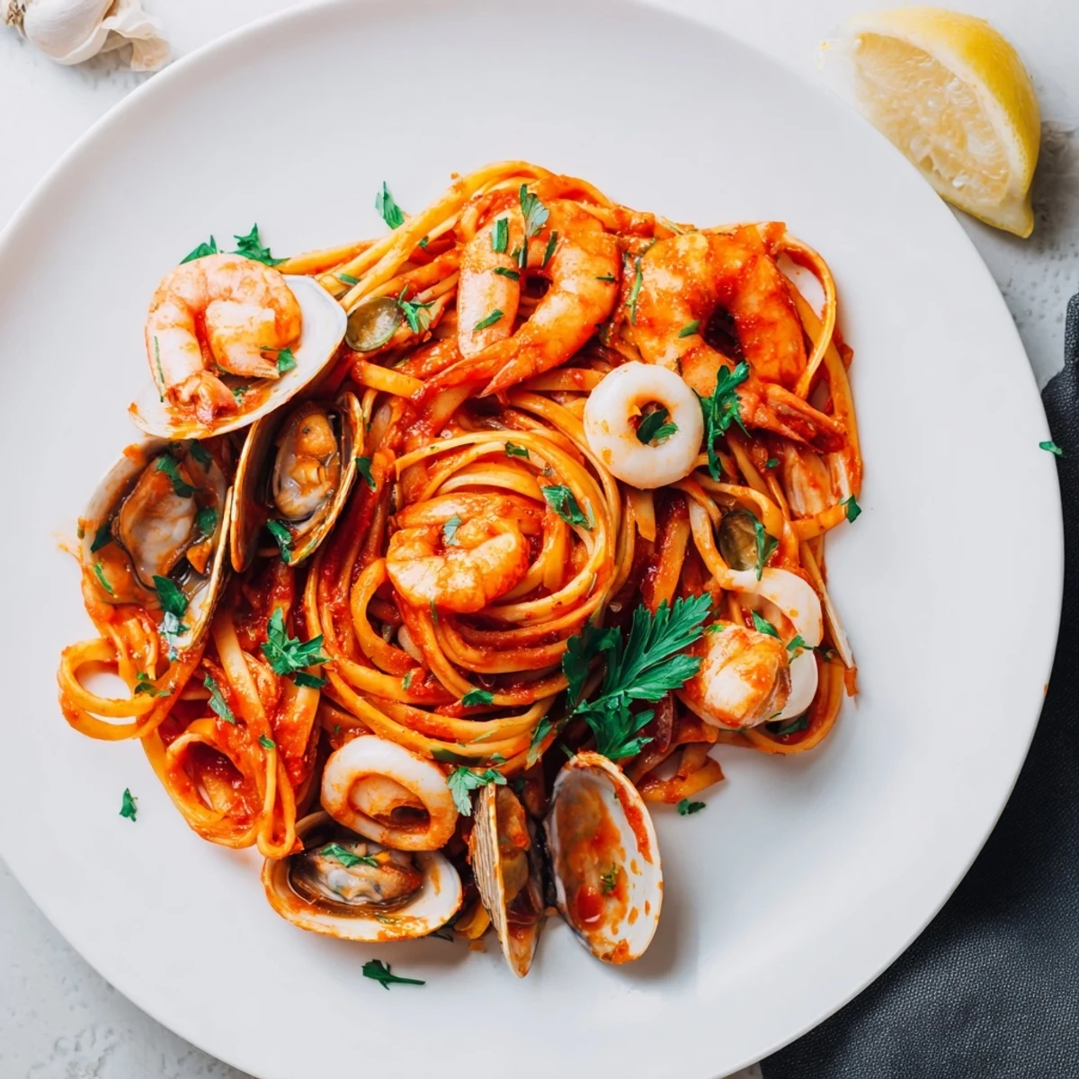 Freshly cooked Seafood Marinara Pasta, brimming with shrimp and mussels, perfect for a weeknight dinner.