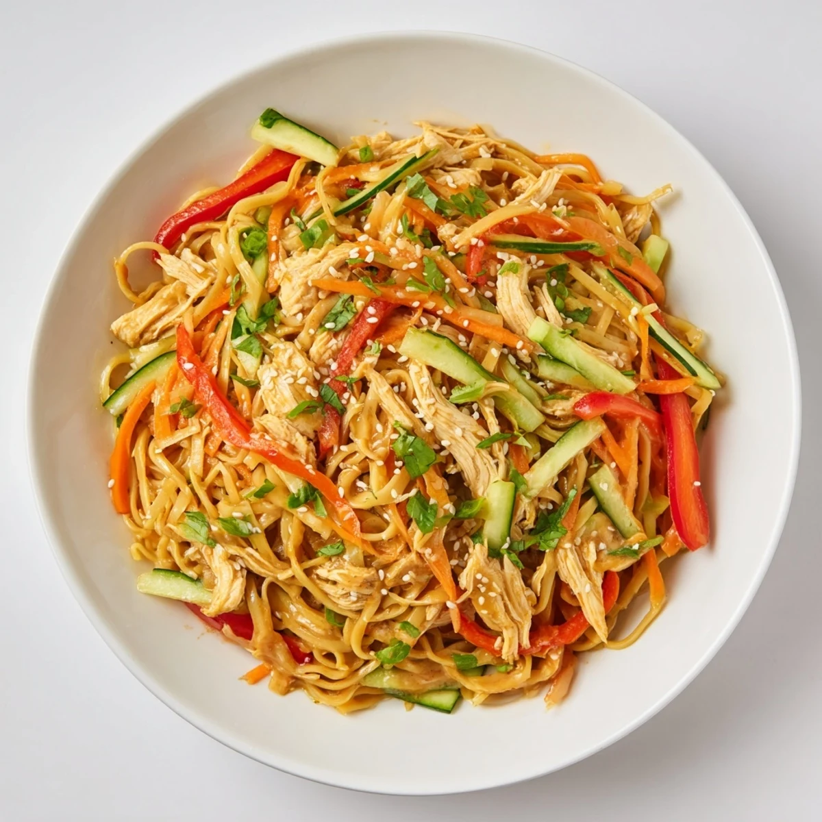Enjoy a refreshing Chilled Chicken Noodle Salad, featuring perfectly tossed noodles and colorful vegetables.
