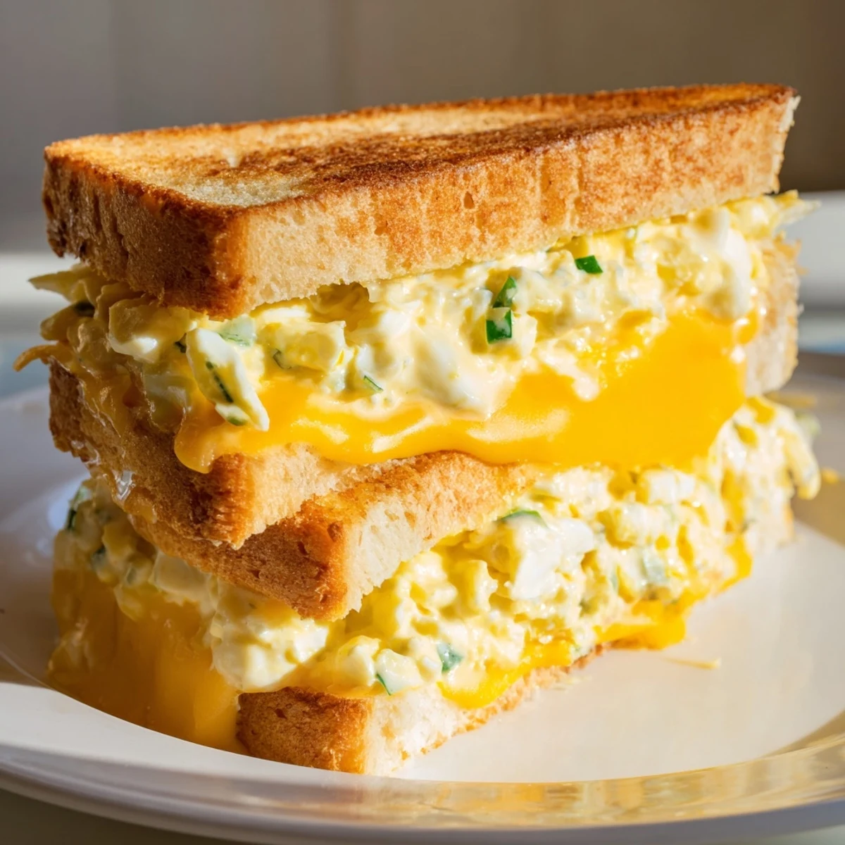 Creamy egg salad grilled cheese sandwich, golden and bubbly, perfect for lunch on a plate.