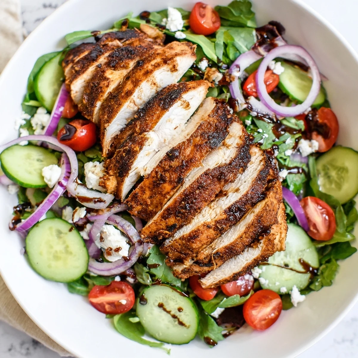 Quick Pan-Seared Chicken Salad, with warm, sliced chicken over vibrant mixed greens and a simple vinaigrette.